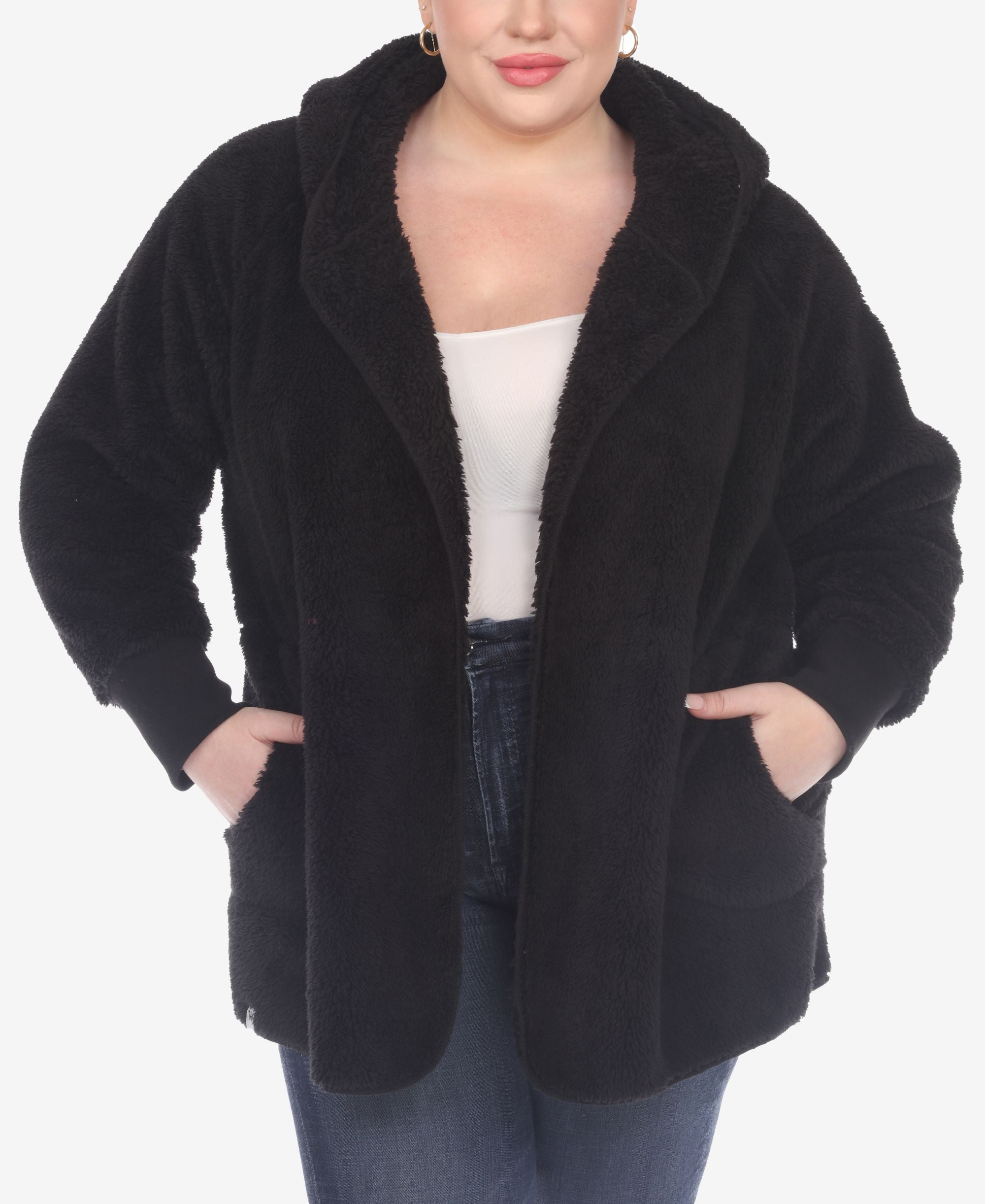 Plus Size Plush Hooded Cardigan Jacket with Pockets