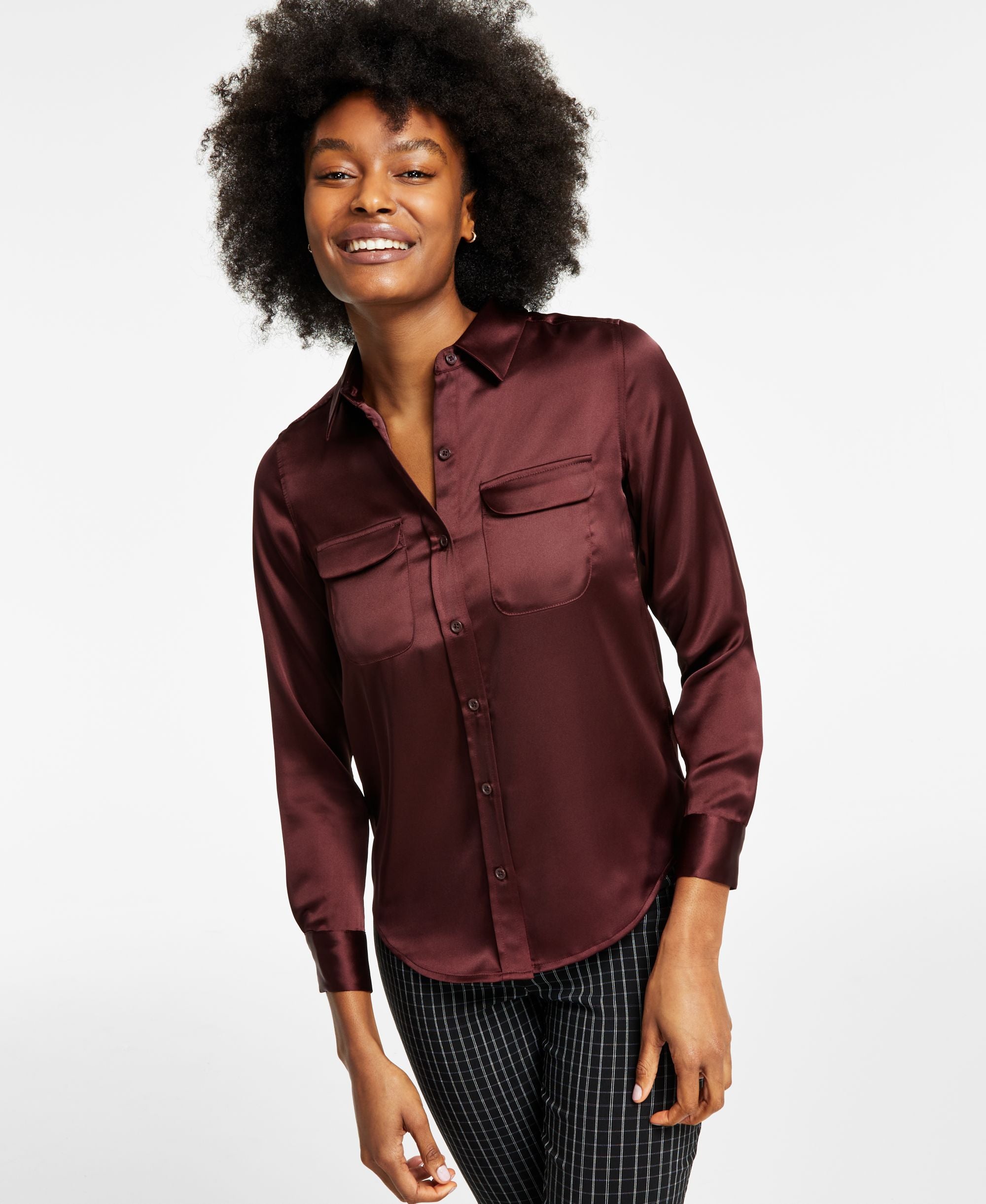 Alfani Womens Satin Collared Utility Blouse