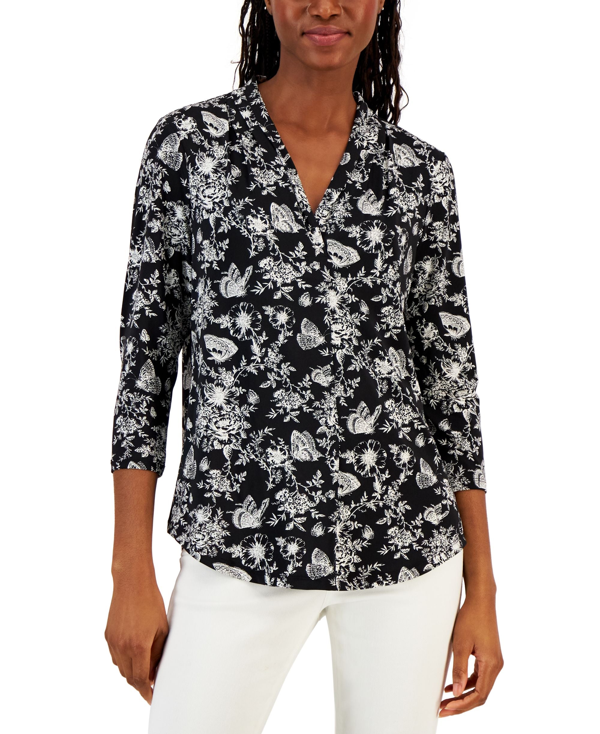 Charter Club Petite Illustration Floral Print V Neck Top