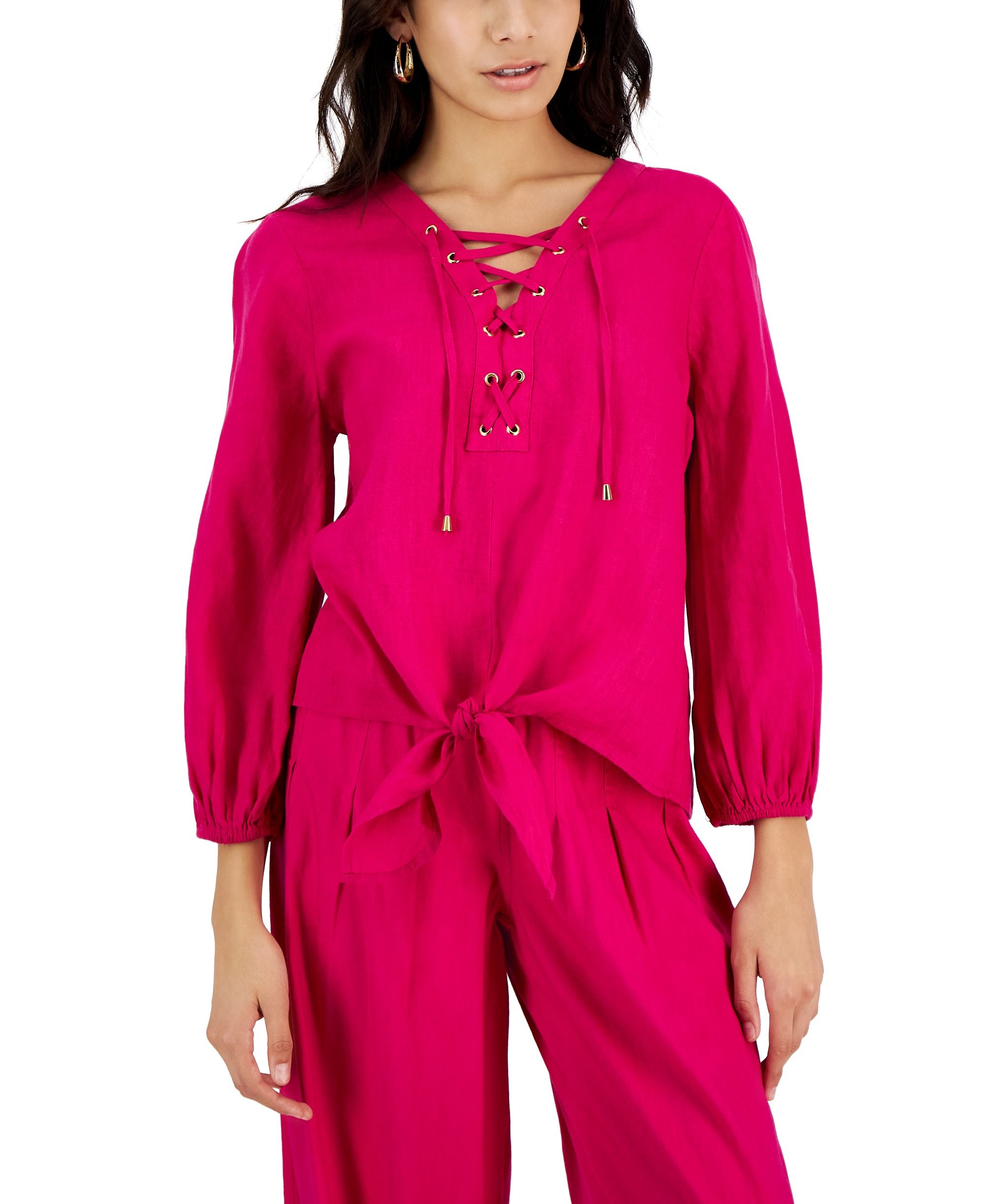 INC International Concepts Womens Lace Up Tie Hem Linen Blouse