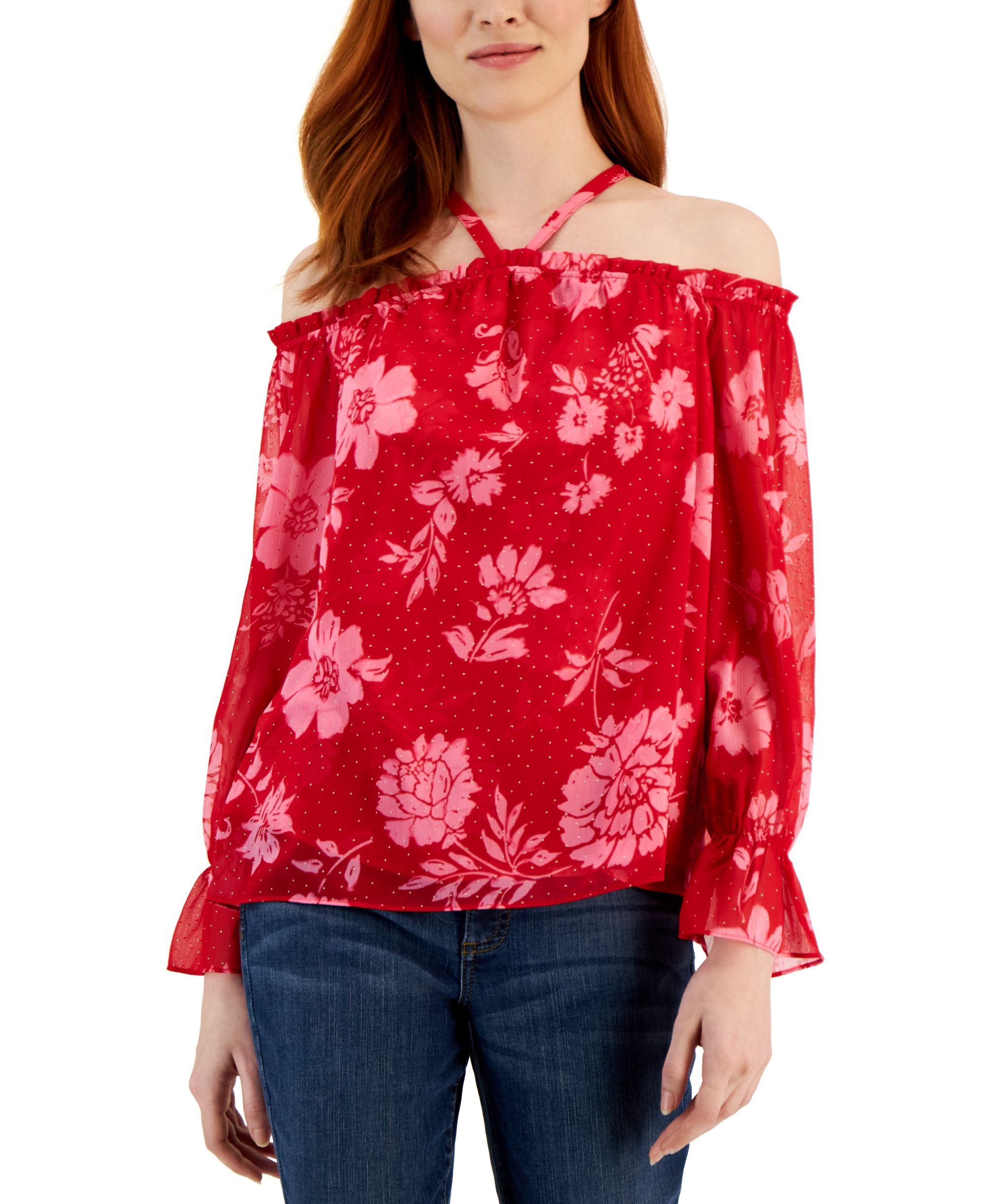 Women's Floral Print Cold-Shoulder Blouse