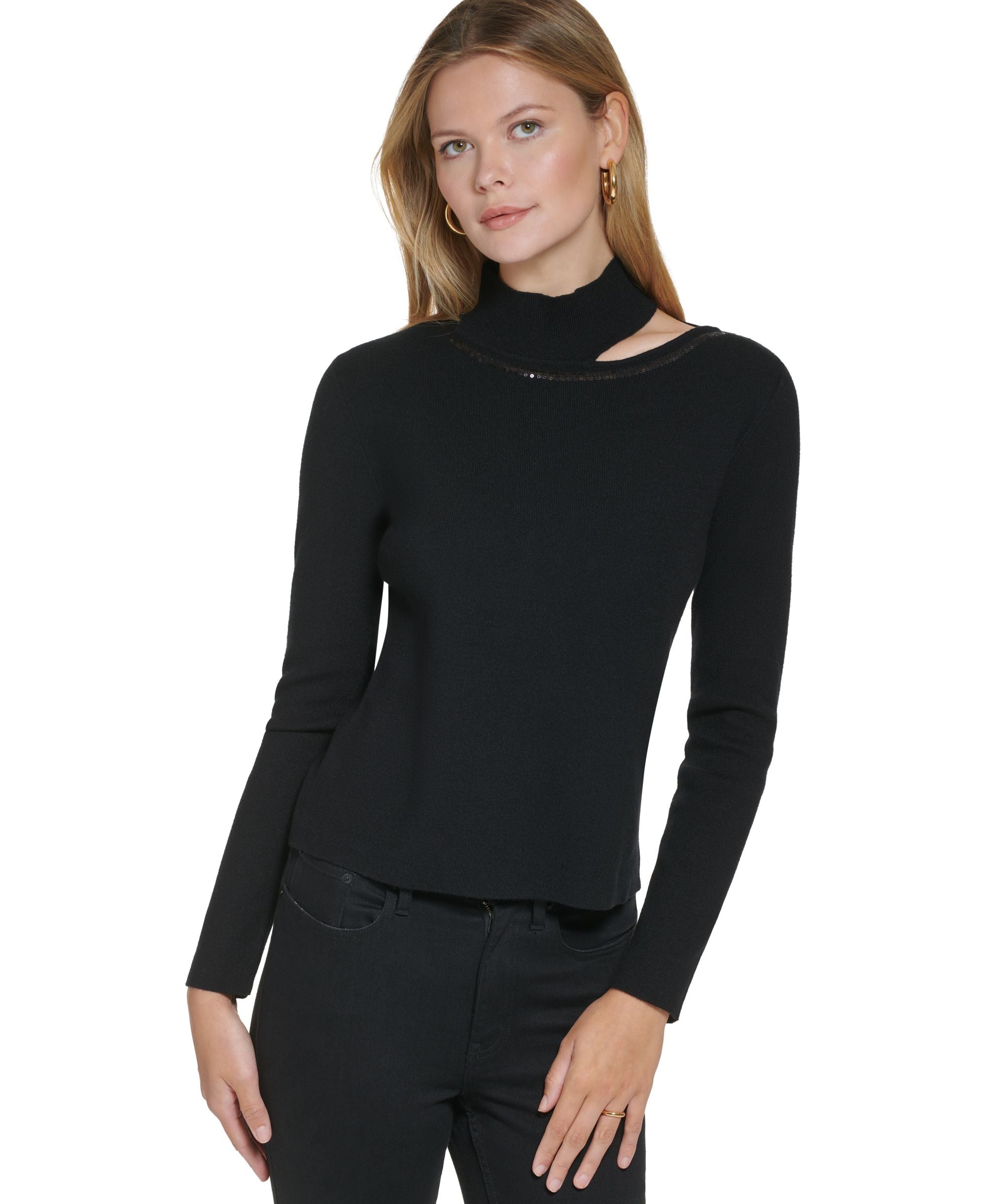 Women's Sequin Trim Cutout Sweater