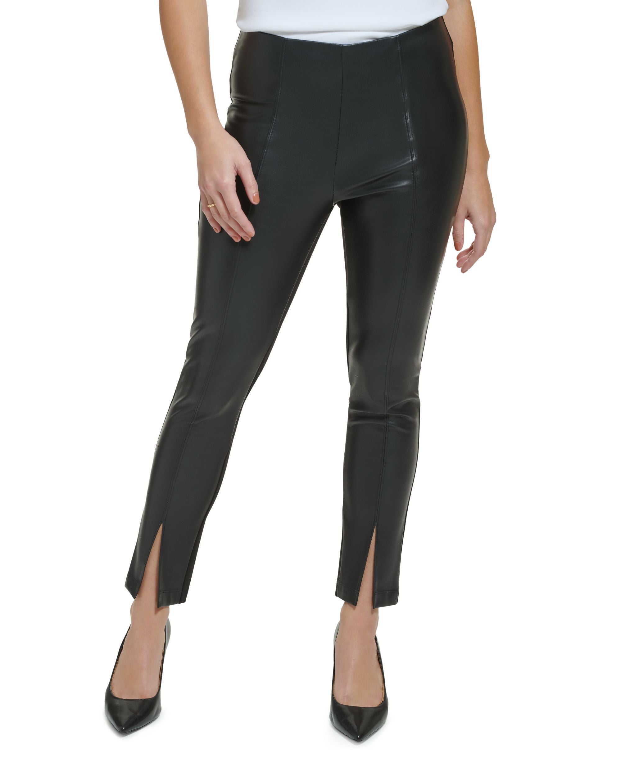 Calvin Klein Womens Faux Leather Ankle Slit Pants