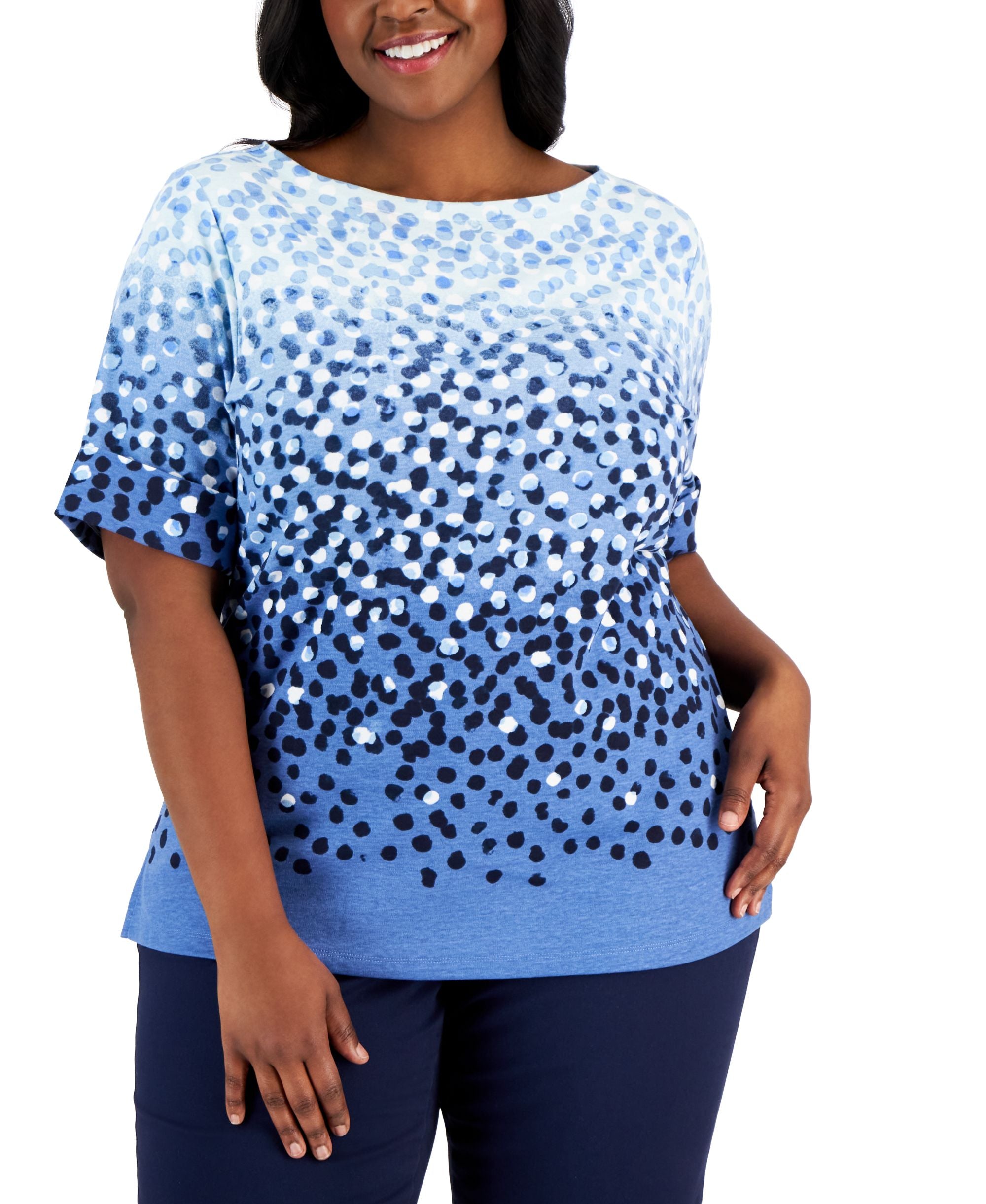 Plus Size Dot-Parade Boat-Neck Top