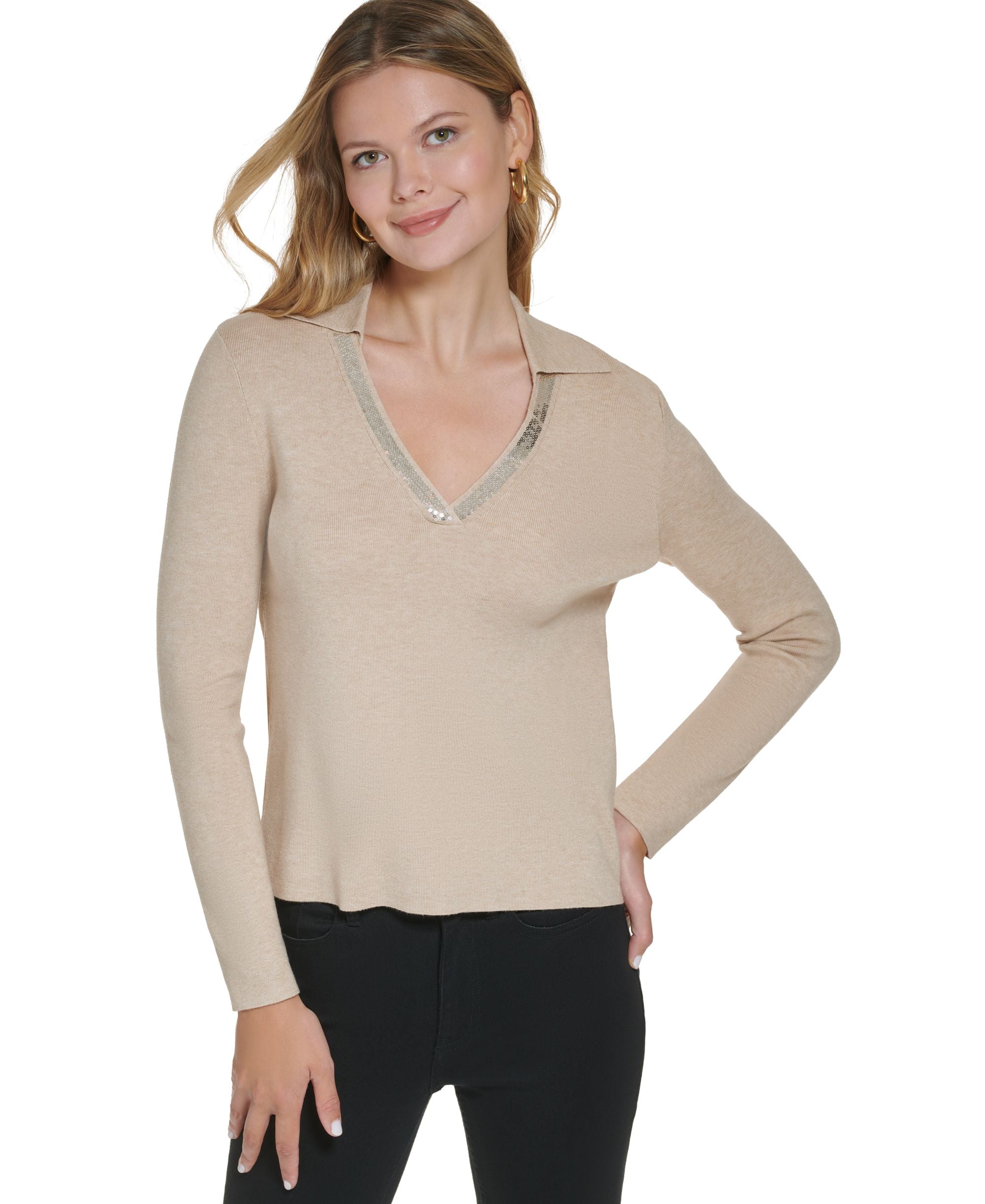 Women's Sequin Trim V-Neck Sweater