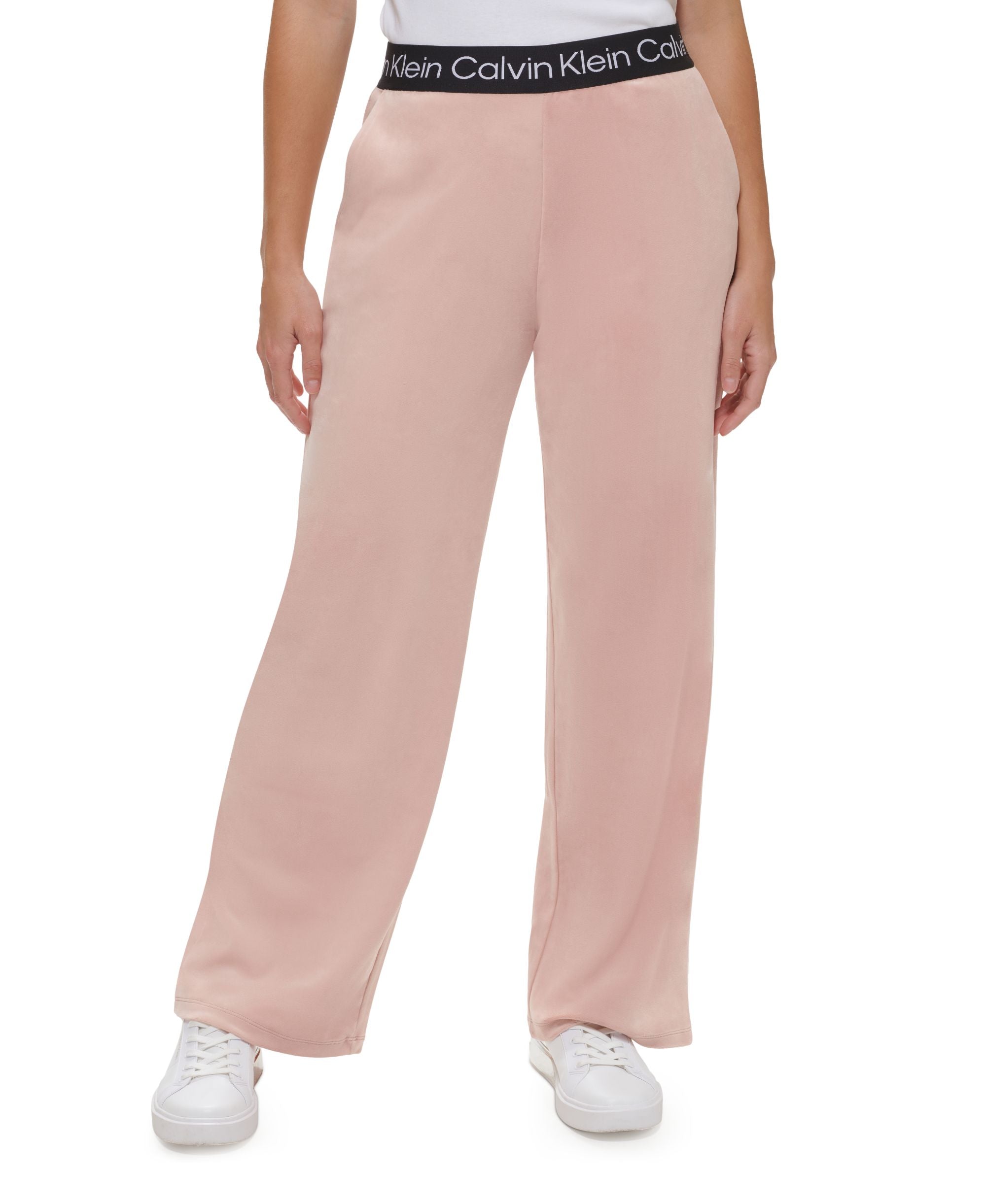 Calvin Klein Womens Velour Logo Trim Wide Leg Pants