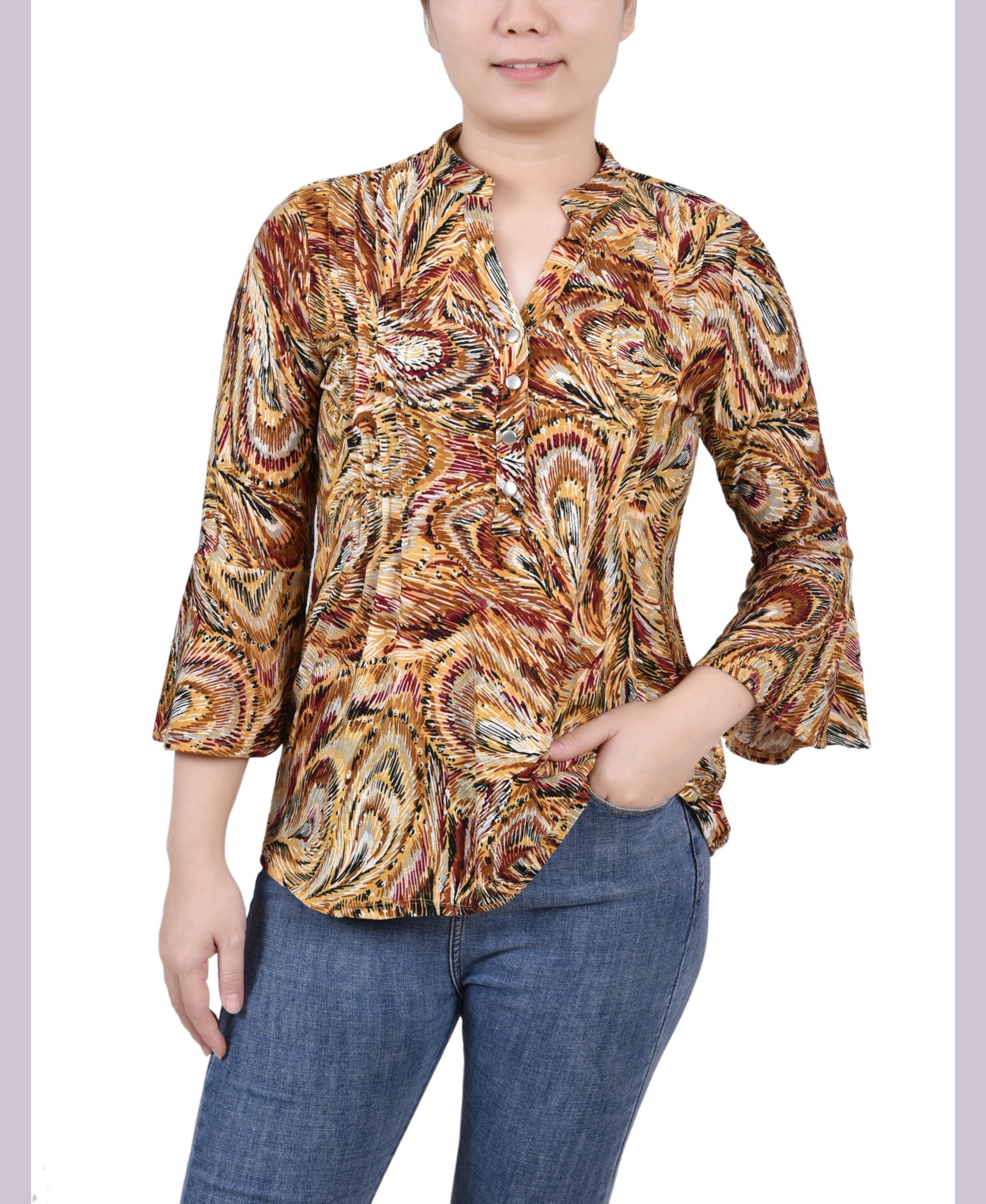 Petite 3/4 Bell Sleeve Printed Pleat Front Y-neck Top