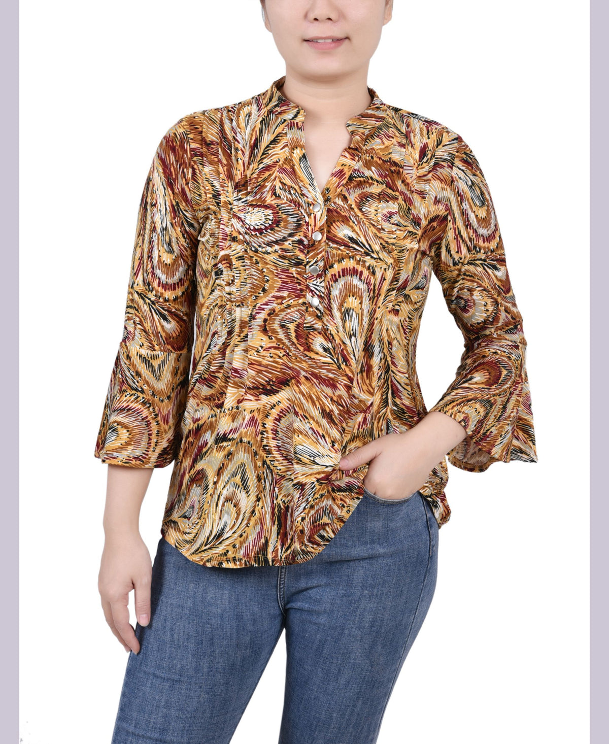 Petite 3/4 Bell Sleeve Printed Pleat Front Y-neck Top