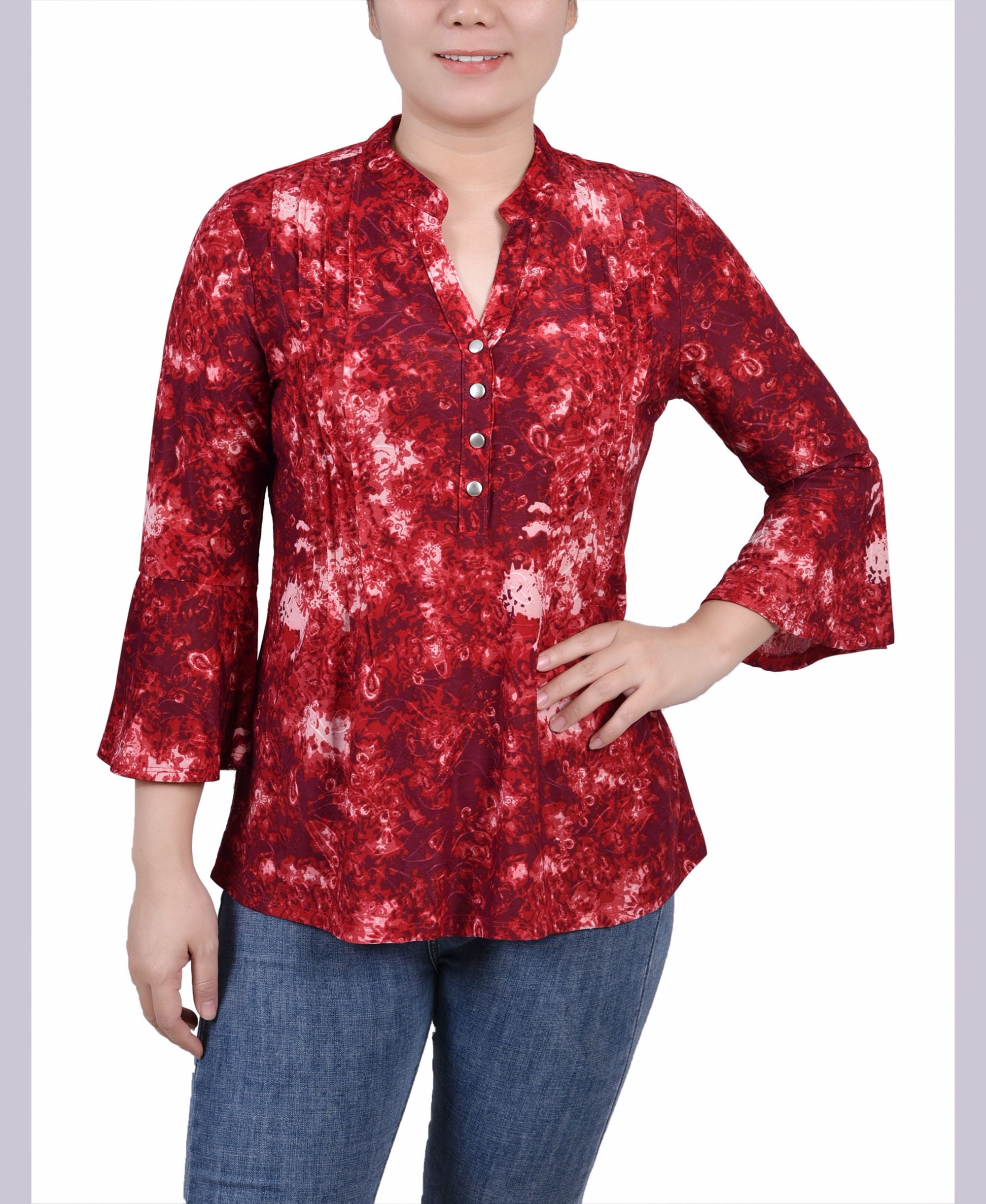 Petite 3/4 Bell Sleeve Printed Pleat Front Y-neck Top