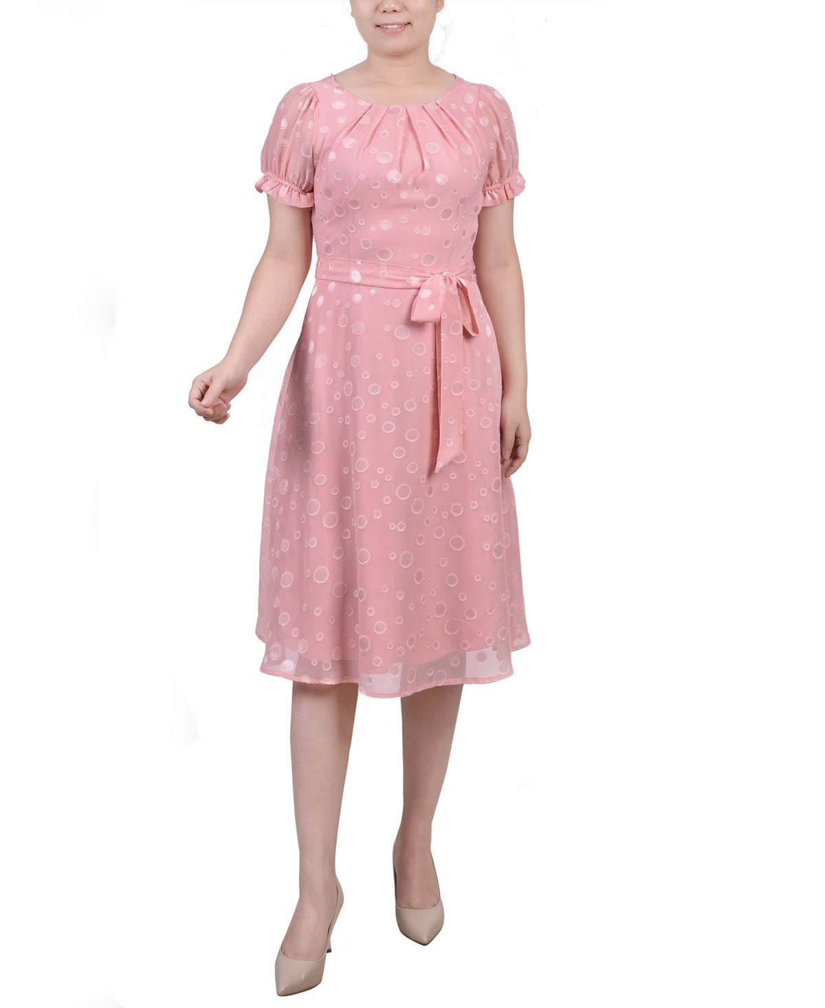 Petite Short Sleeve Belted Swiss Dot Dress