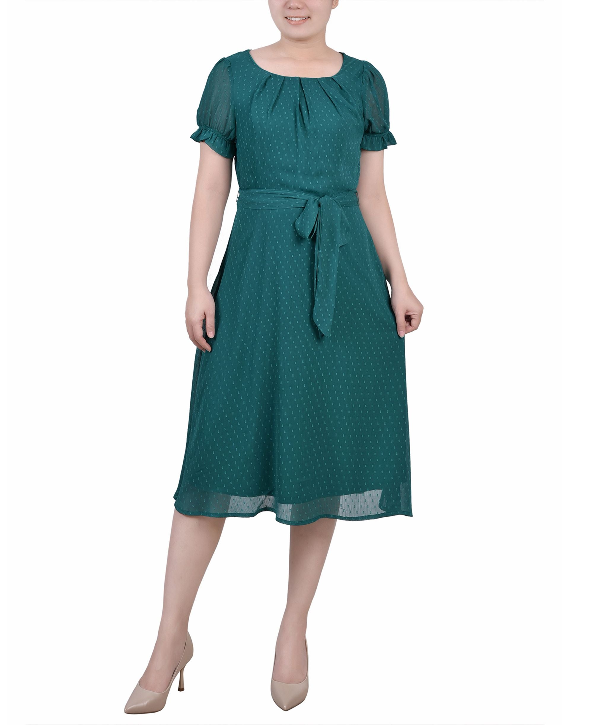 Petite Short Sleeve Belted Swiss Dot Dress