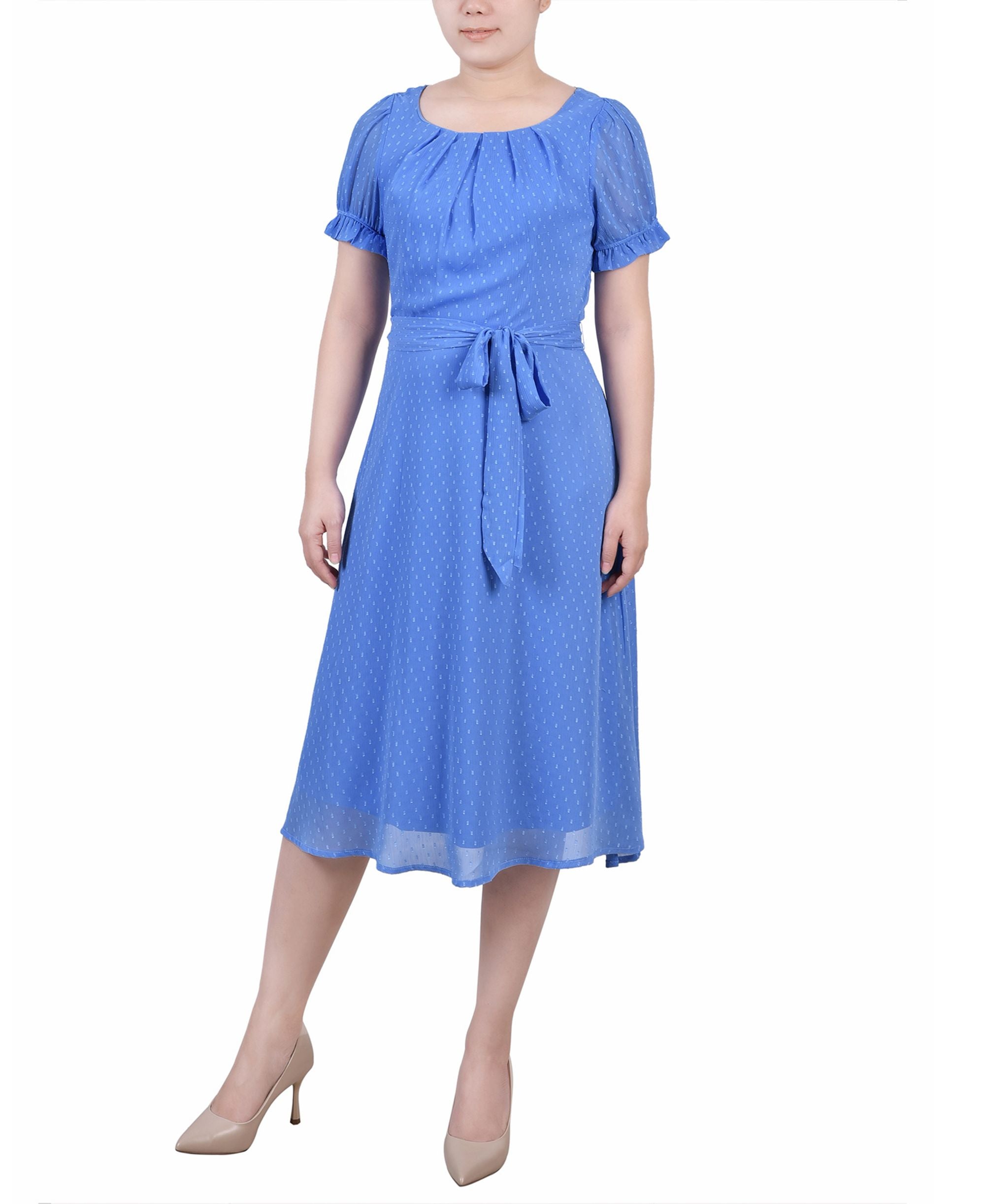 Petite Short Sleeve Belted Swiss Dot Dress
