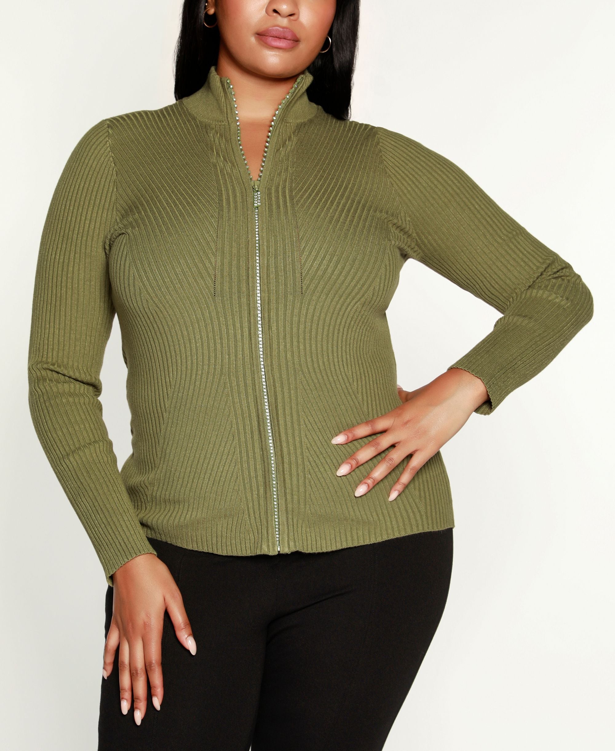 Belldini Black Label Plus Size Mock Neck Ribbed Sweater Zip Up
