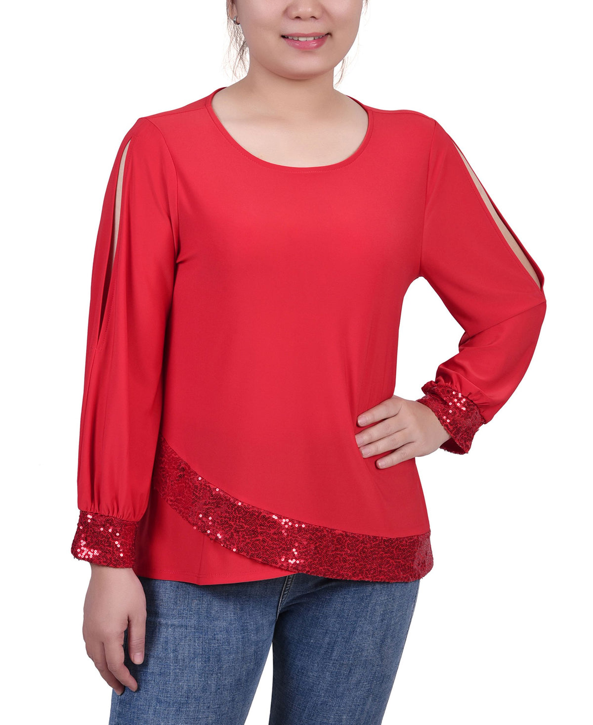 NY Collection Petite Long Sleeve Knit Top With Sequin Hem