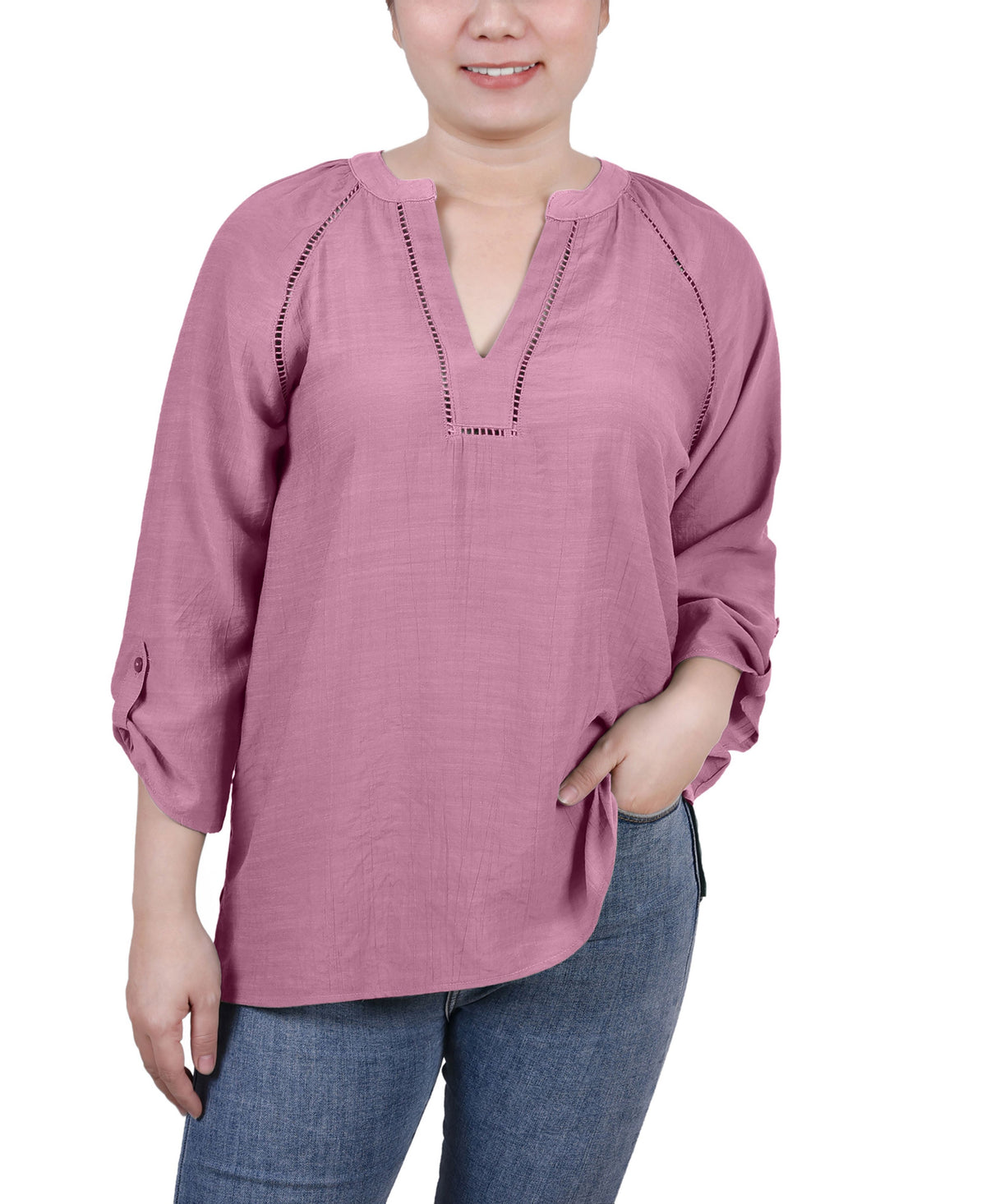 Petite Raglan Sleeve Split Neck Blouse
