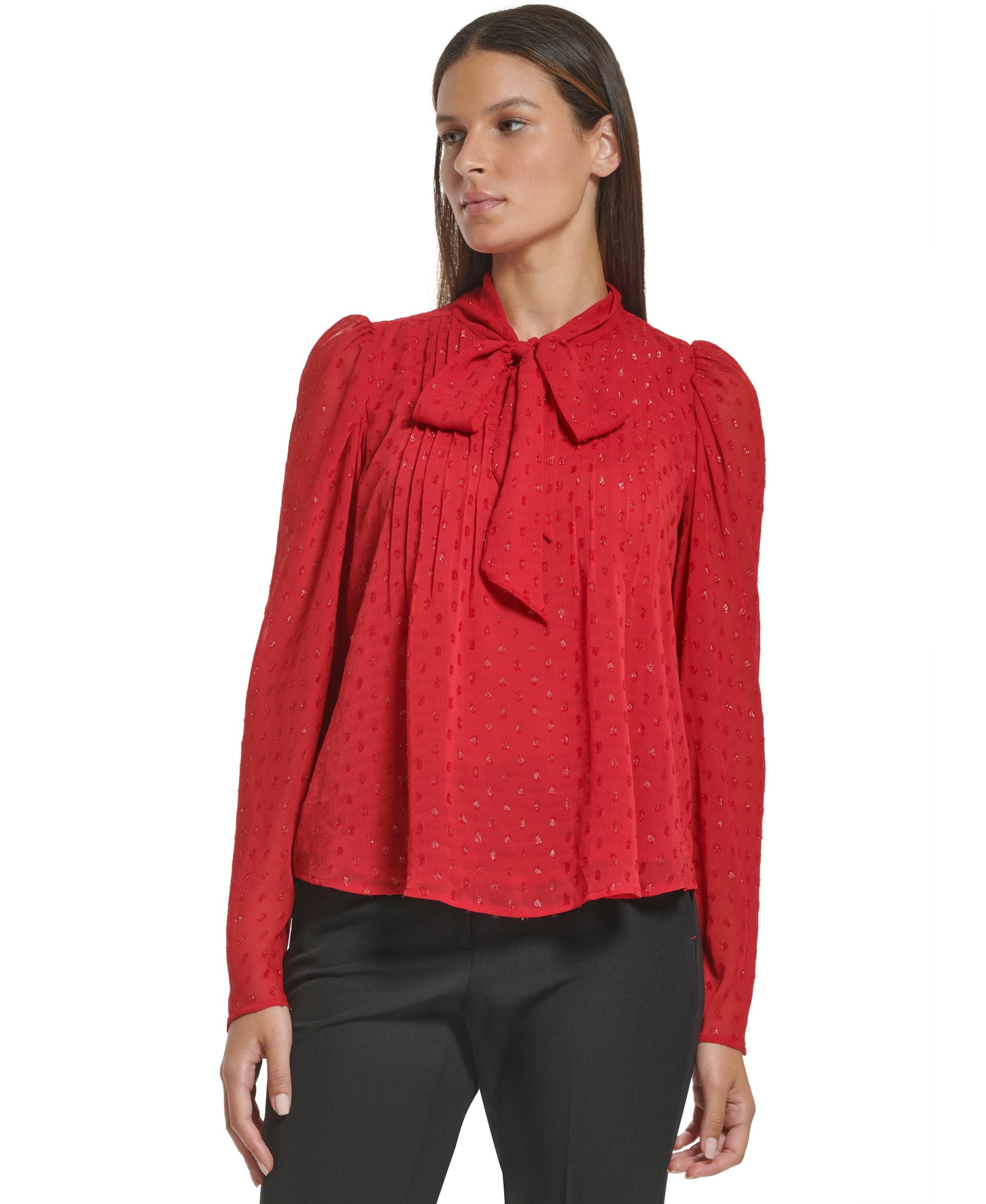 Tommy Hilfiger Womens Clip Dot Pleated Tie Neck Top