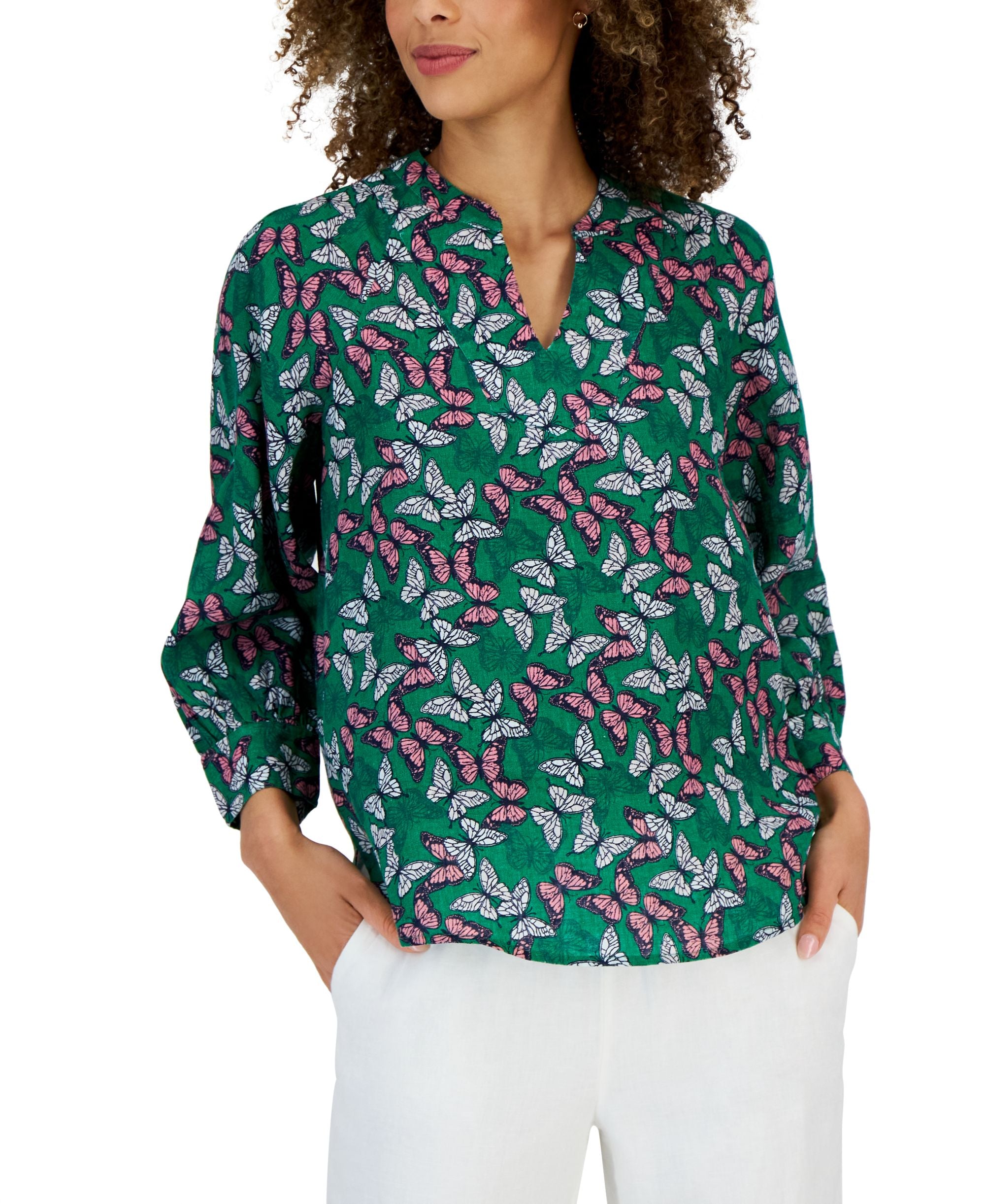 Women's Linen Printed Split-Neck Top