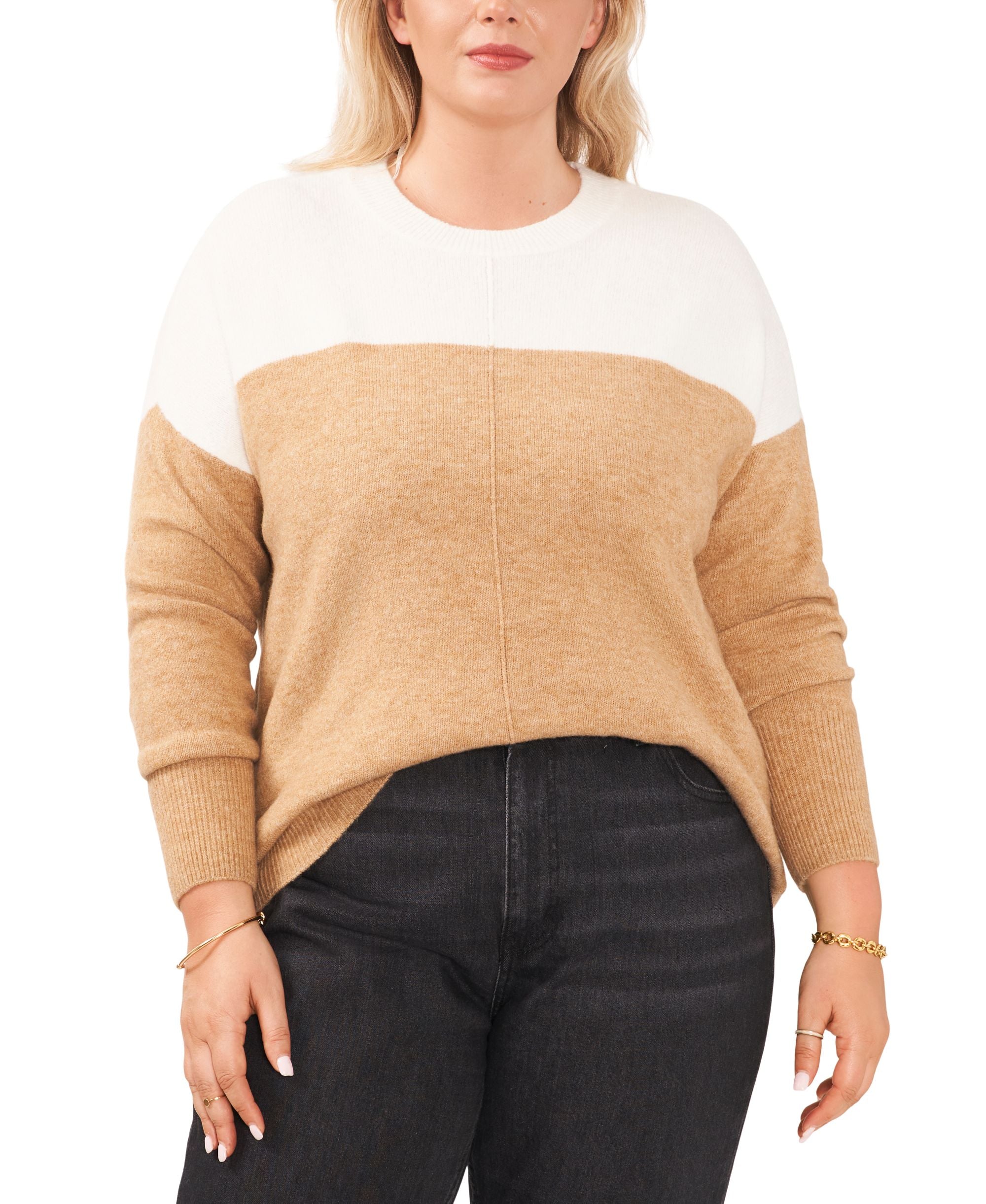 Plus Size Cozy Extended Shoulder Color Blocked Sweater