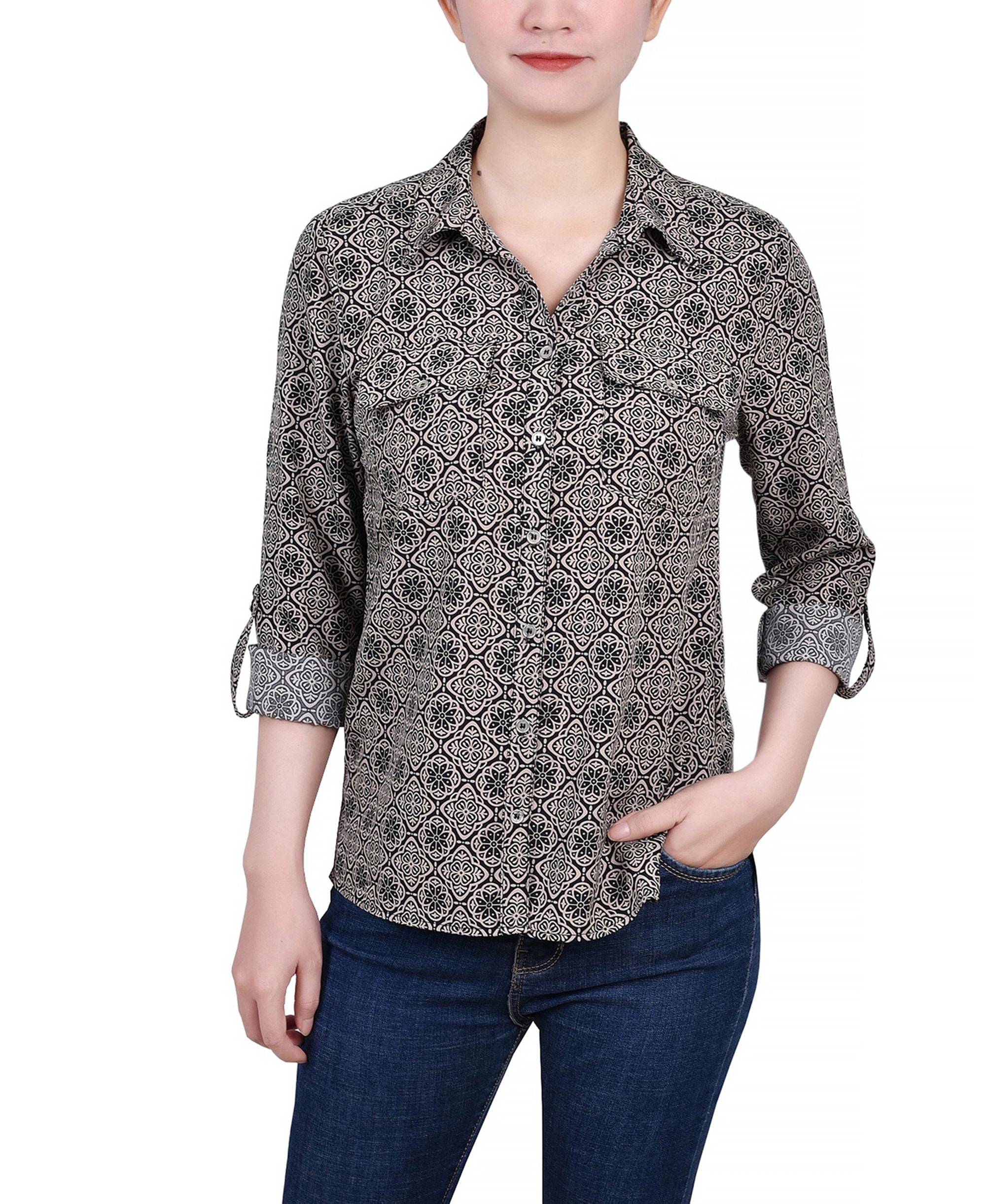 Petite 3/4 Sleeve Roll Tab Notch Collar Blouse