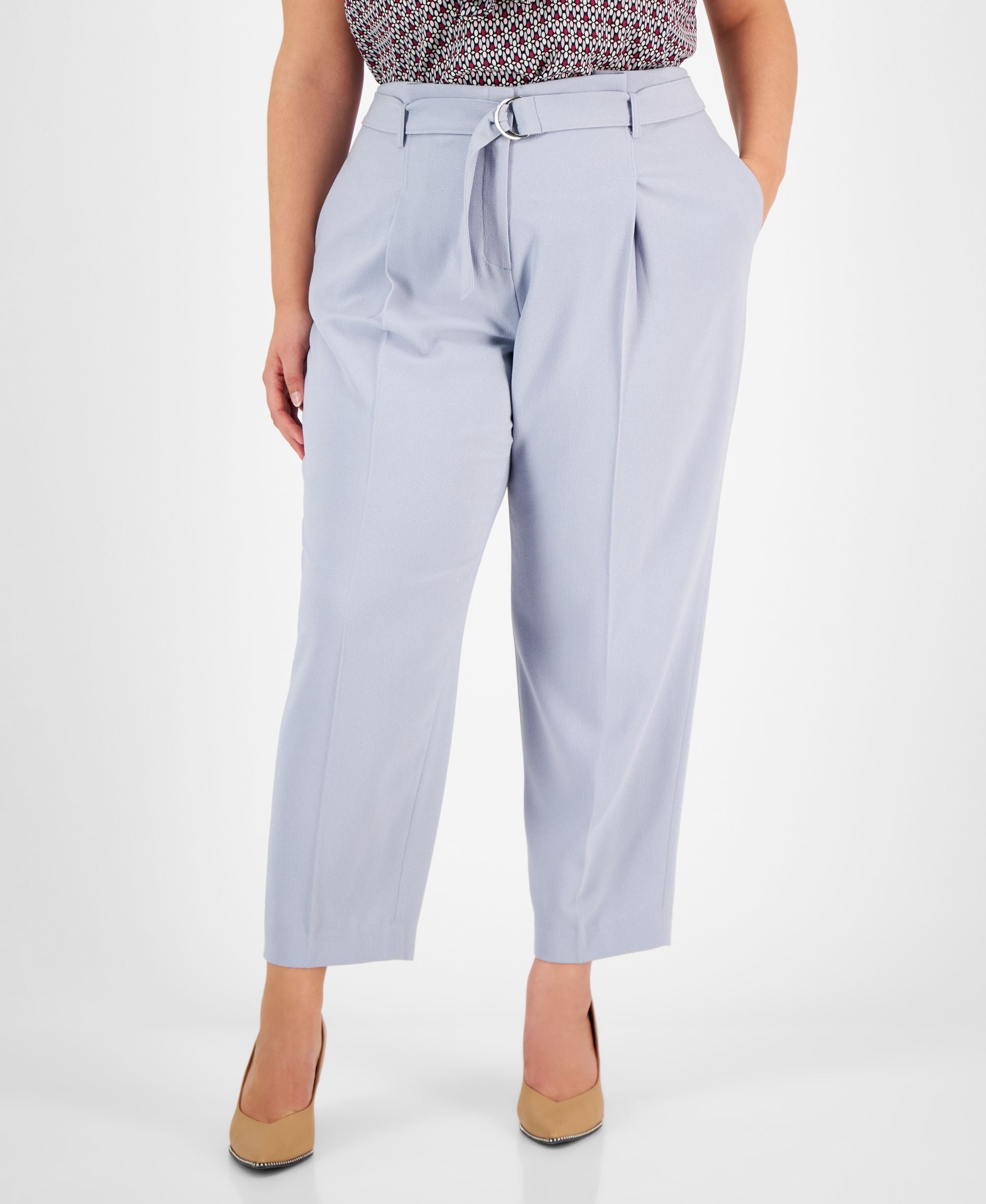 Plus Size Belted Textured Crepe Pants
