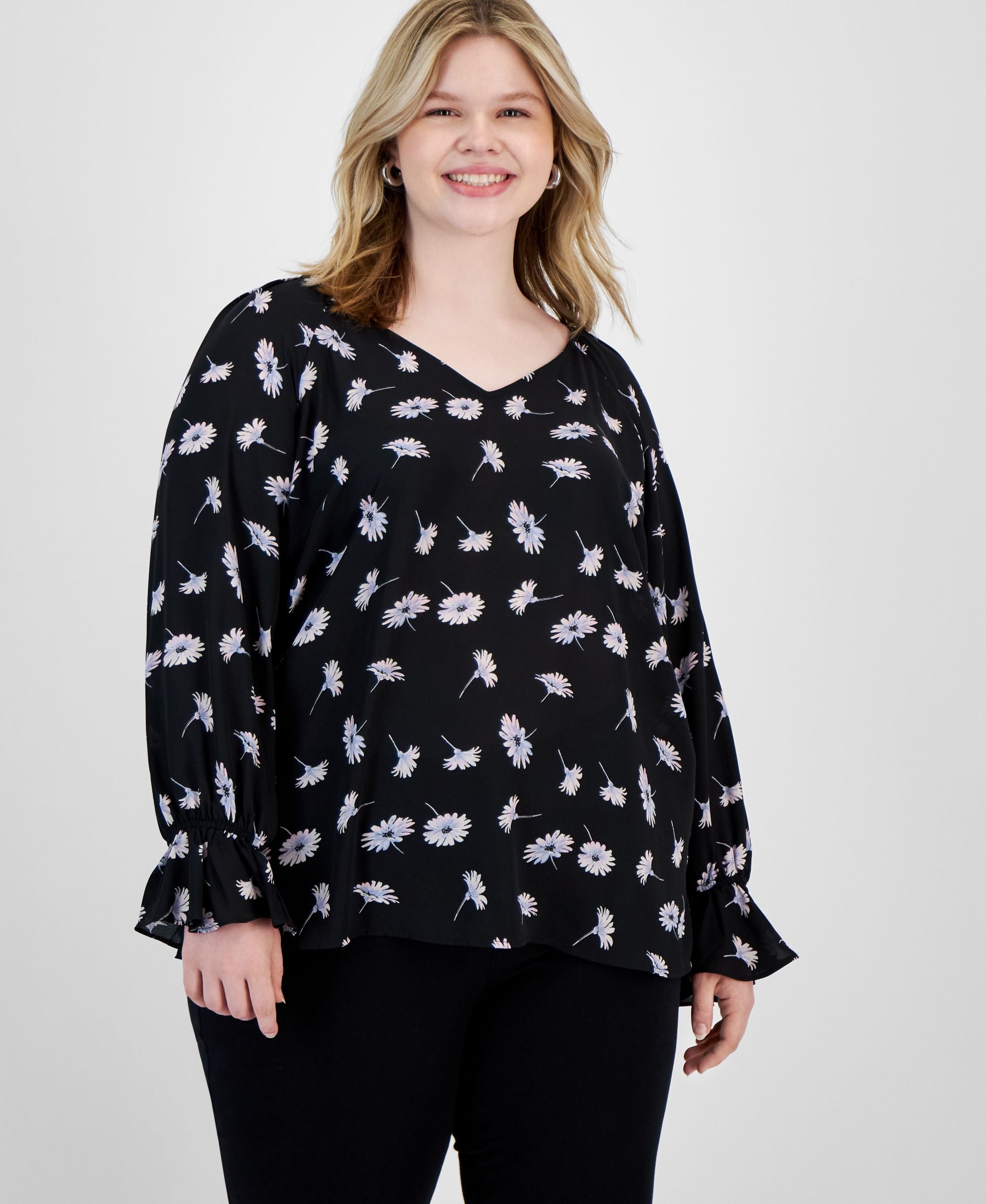 Plus Size Floral Print Cinched Sleeve Top