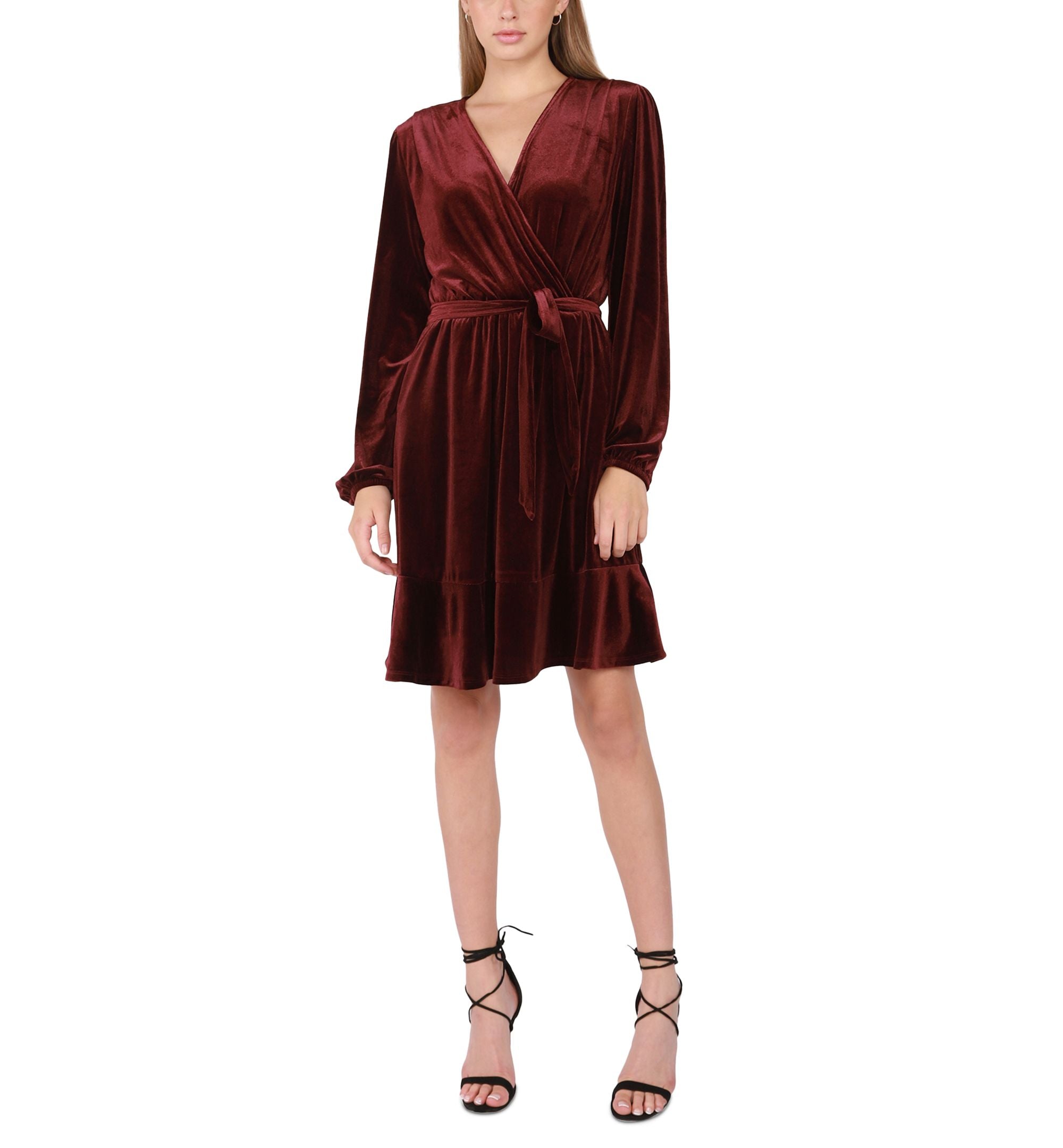 Petite Ruffled-Hem Faux-Wrap Velvet Dress