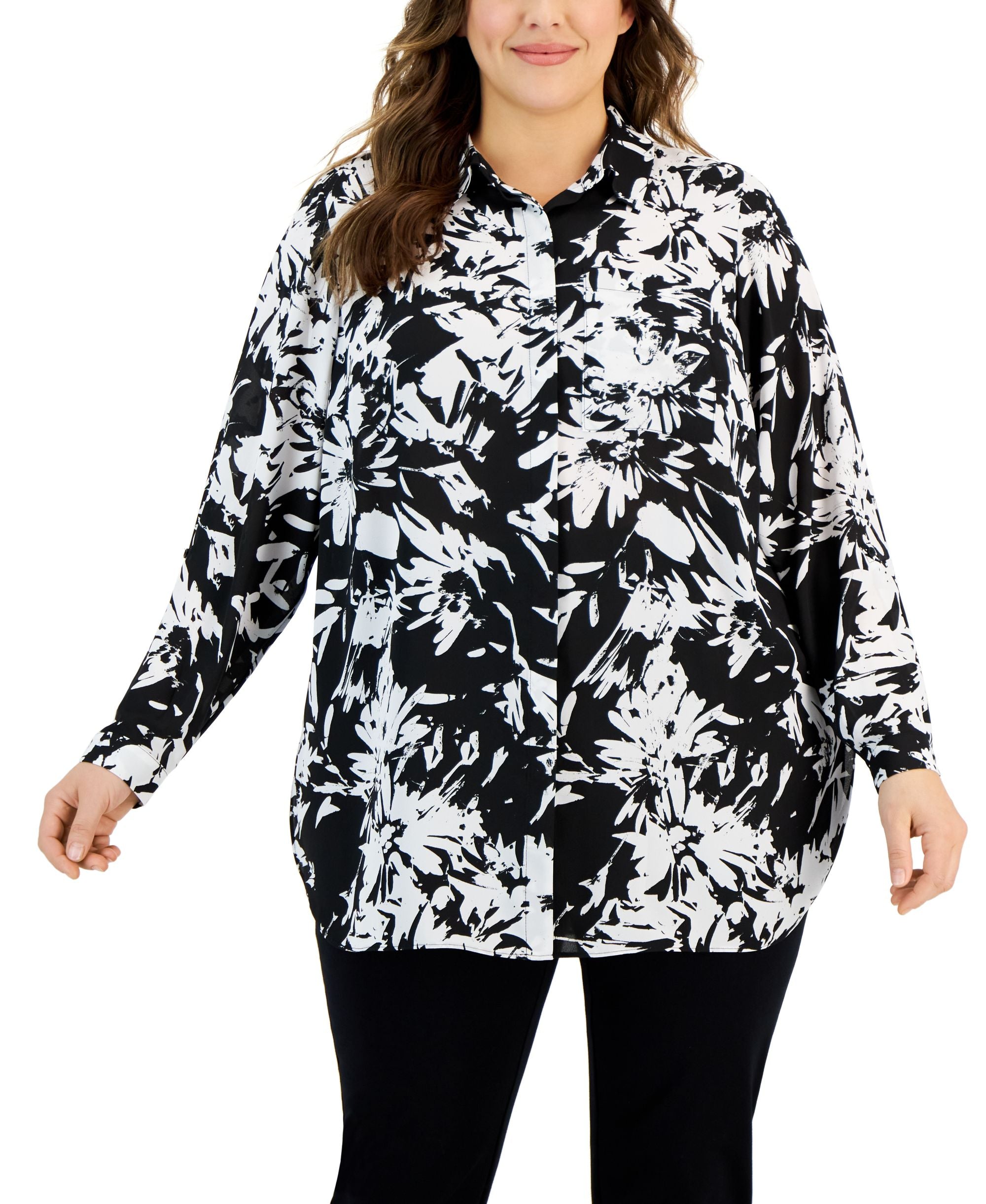 Alfani Plus Size Collared Printed Button Front Tunic