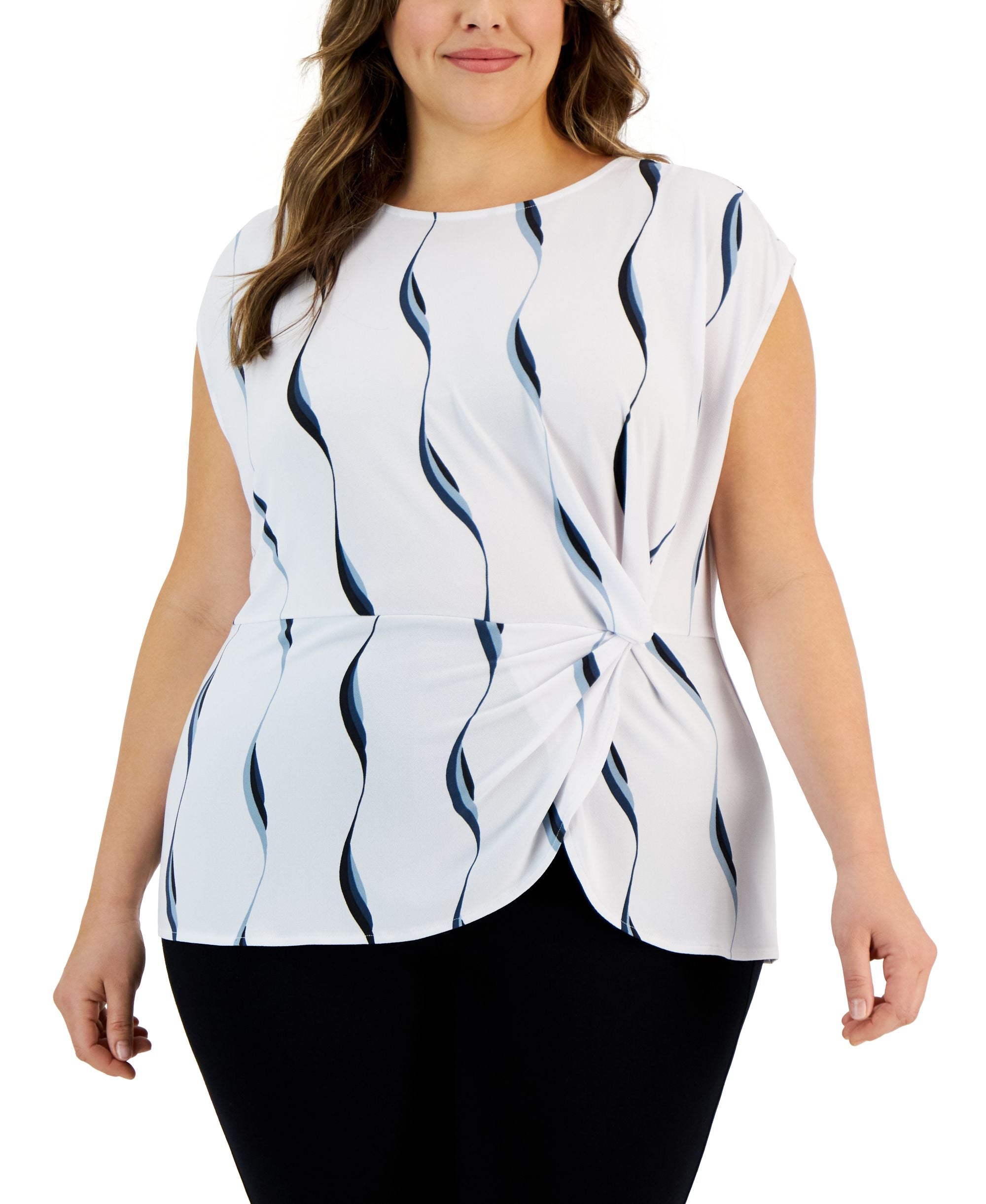 Alfani Plus Size Printed Side Knot Cap Sleeve Top