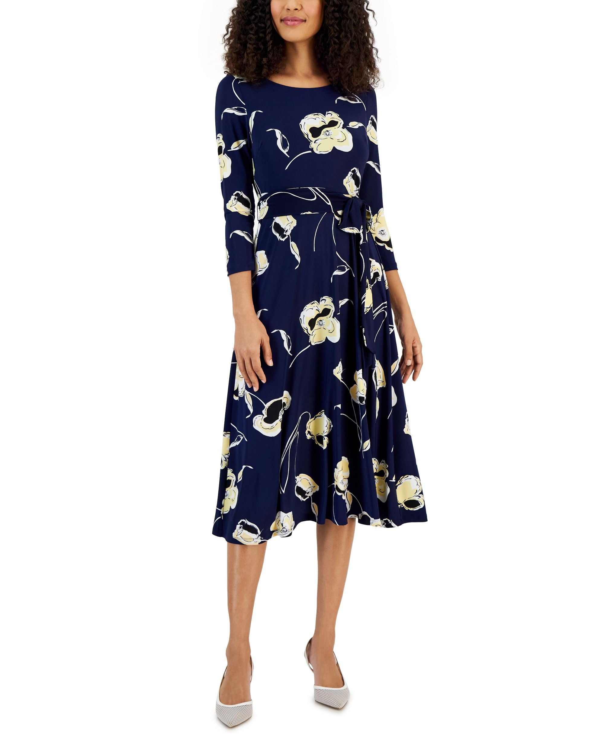 Petite 3/4-Sleeve Floral Print Dress