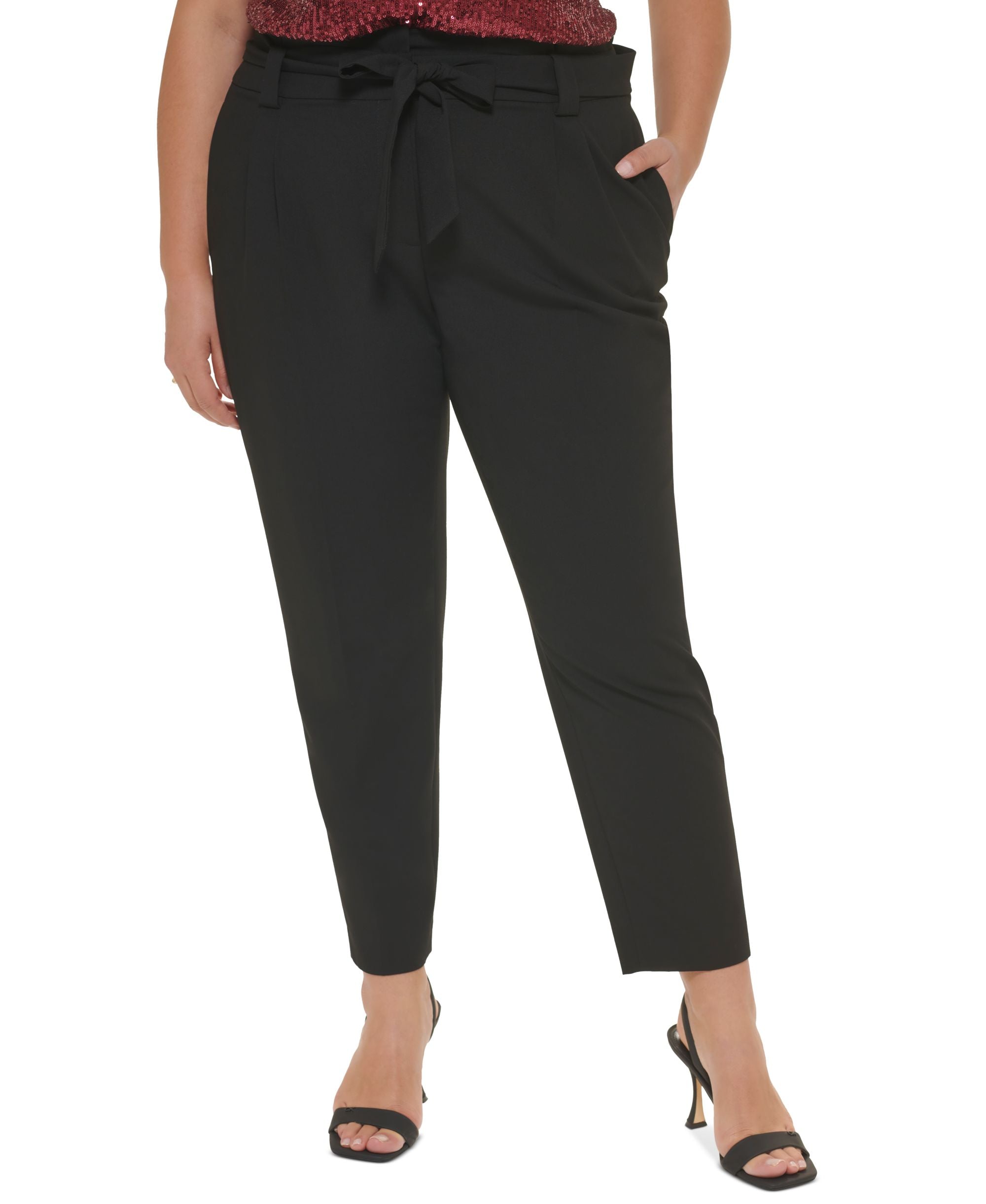 Calvin Klein Plus Size Lux Pleat Front TaperedTie-Waist Ankle Pants