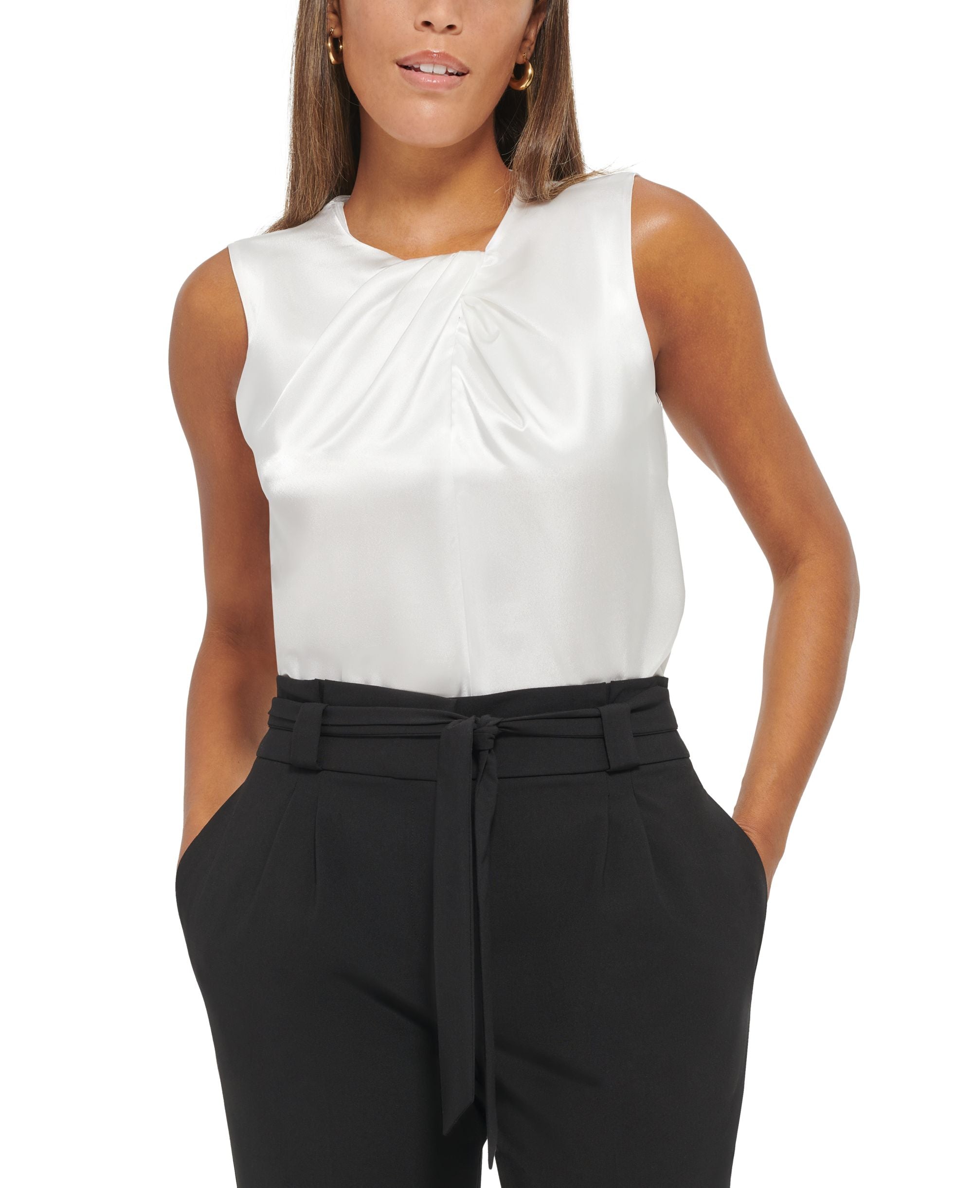 Calvin Klein Petite Sleeveless Pleat Neck Top