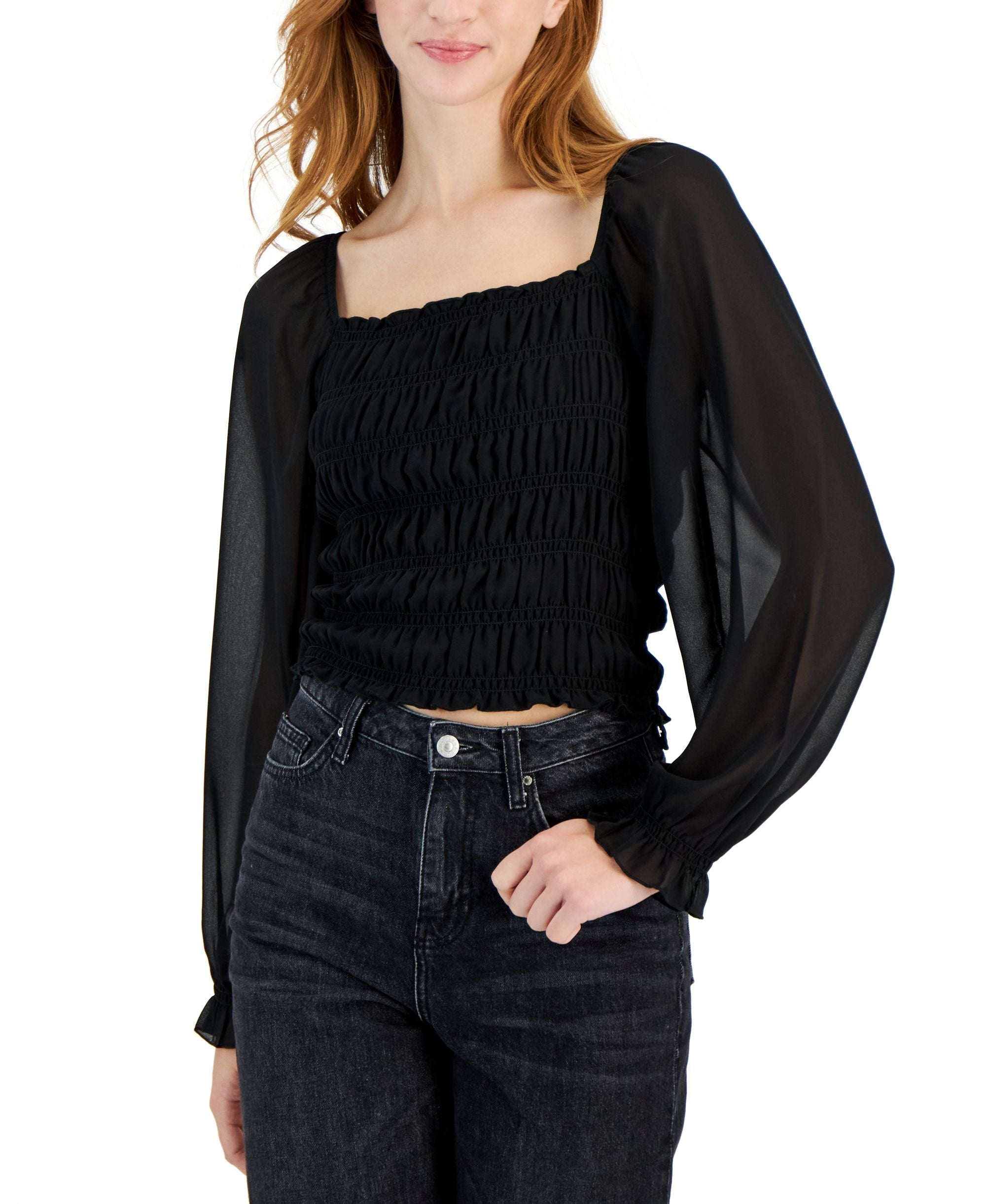 Juniors' Smocked Square-Neck Puff-Sleeve Top