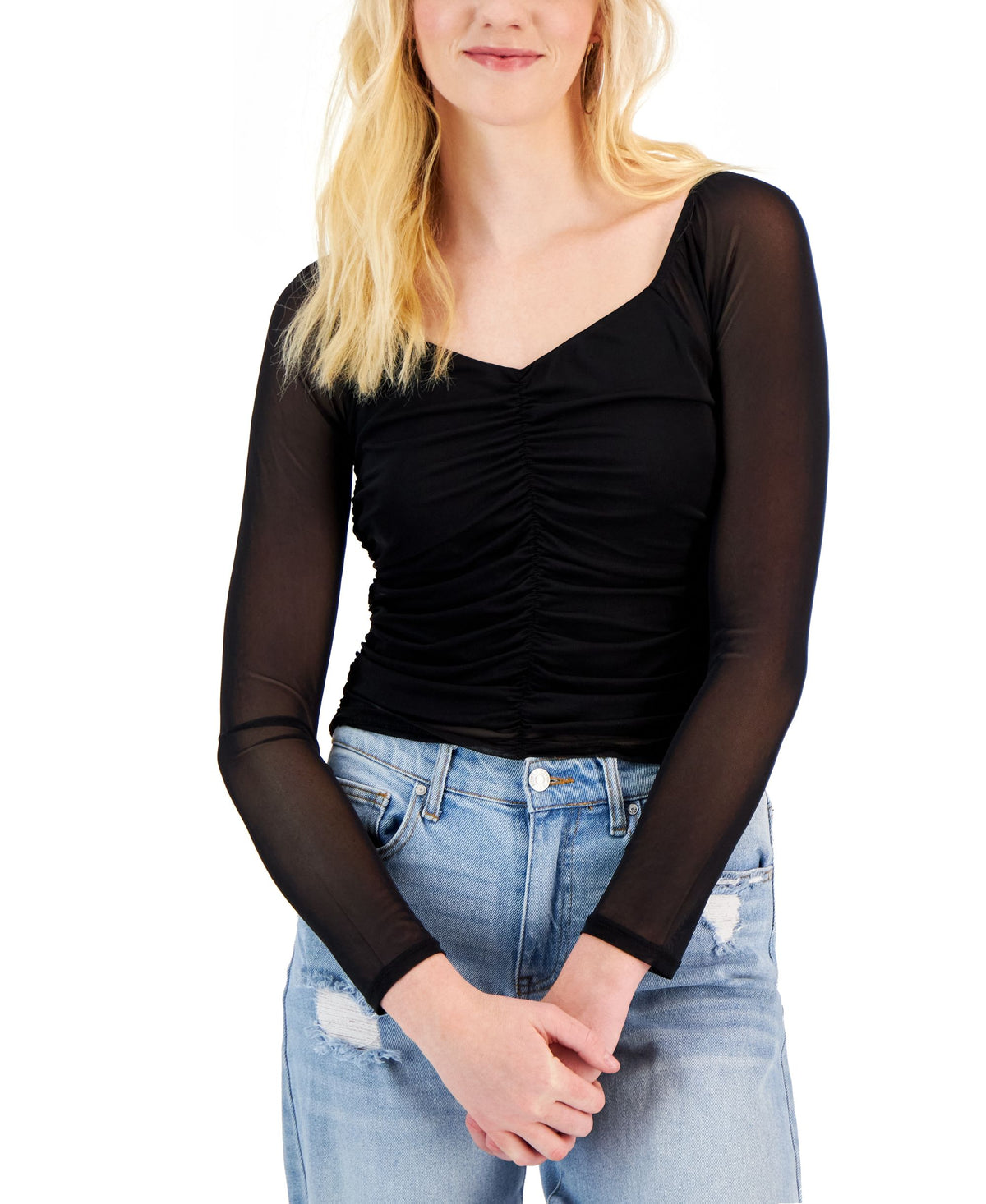 Juniors' Ruched-Front Mesh-Sleeve Top