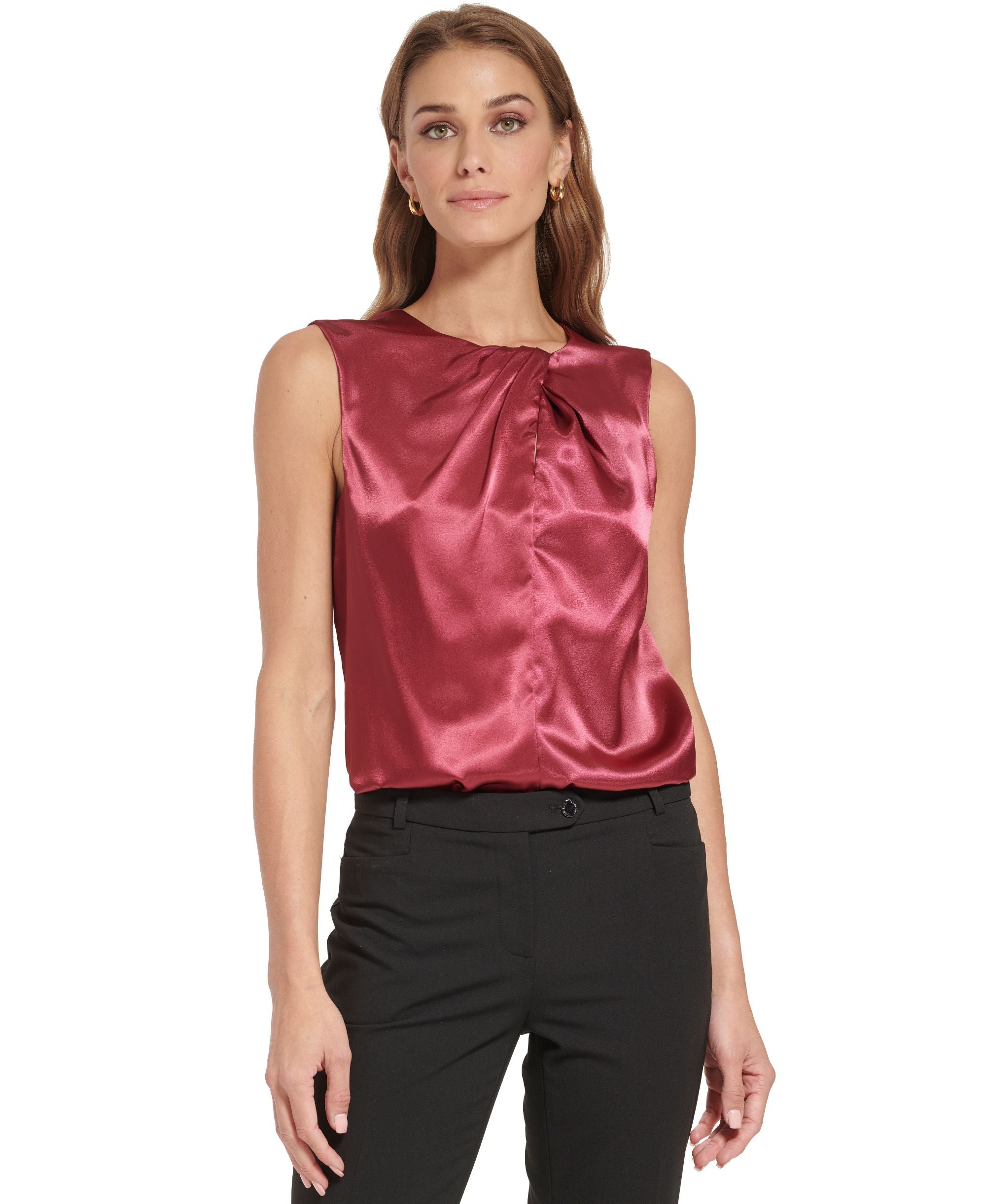 Calvin Klein Womens Sleeveless Pleat Neck Top