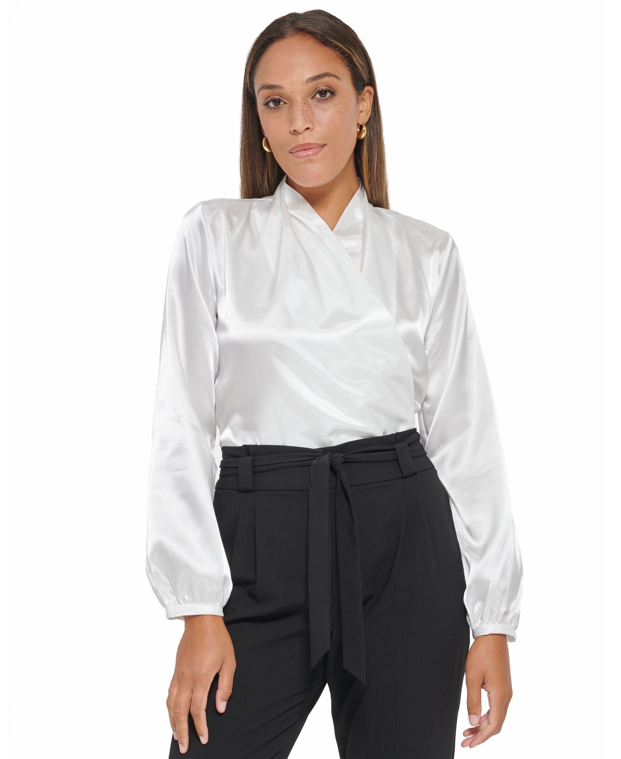 Calvin Klein Womens Long Sleeve Faux Wrap Blouse