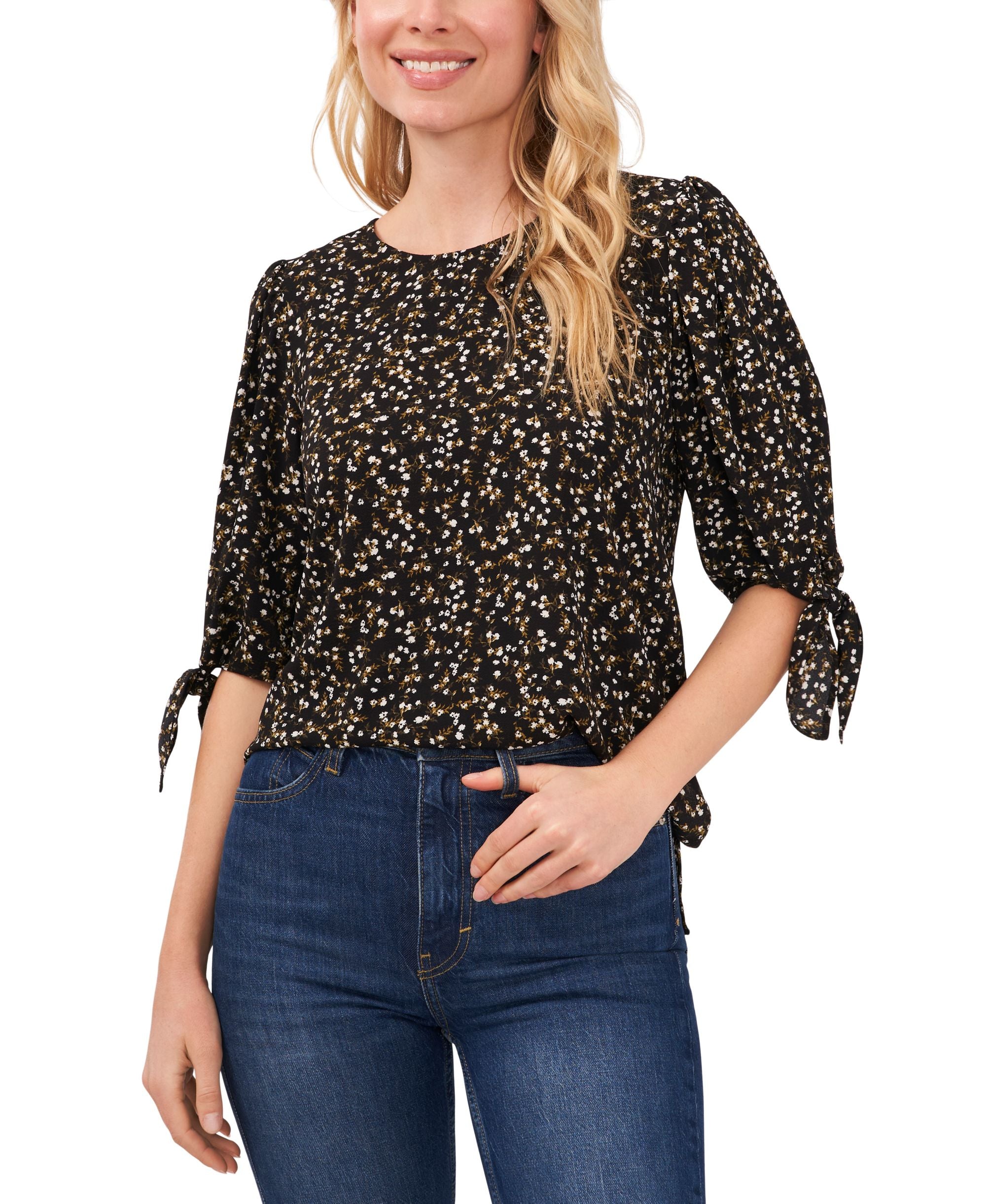 Women's Floral-Print Elbow Tie-Sleeve Crew Neck Blouse