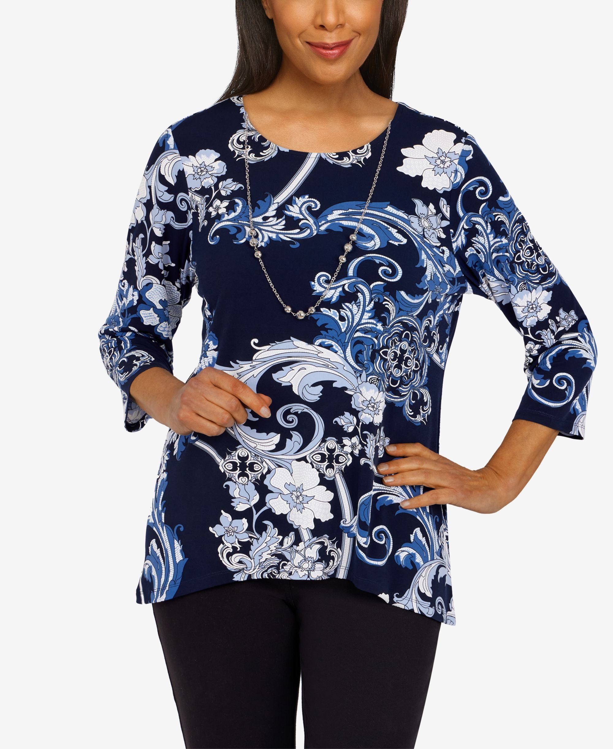Women's Classics Floral Scroll Puff Print Top with Detachable Necklace
