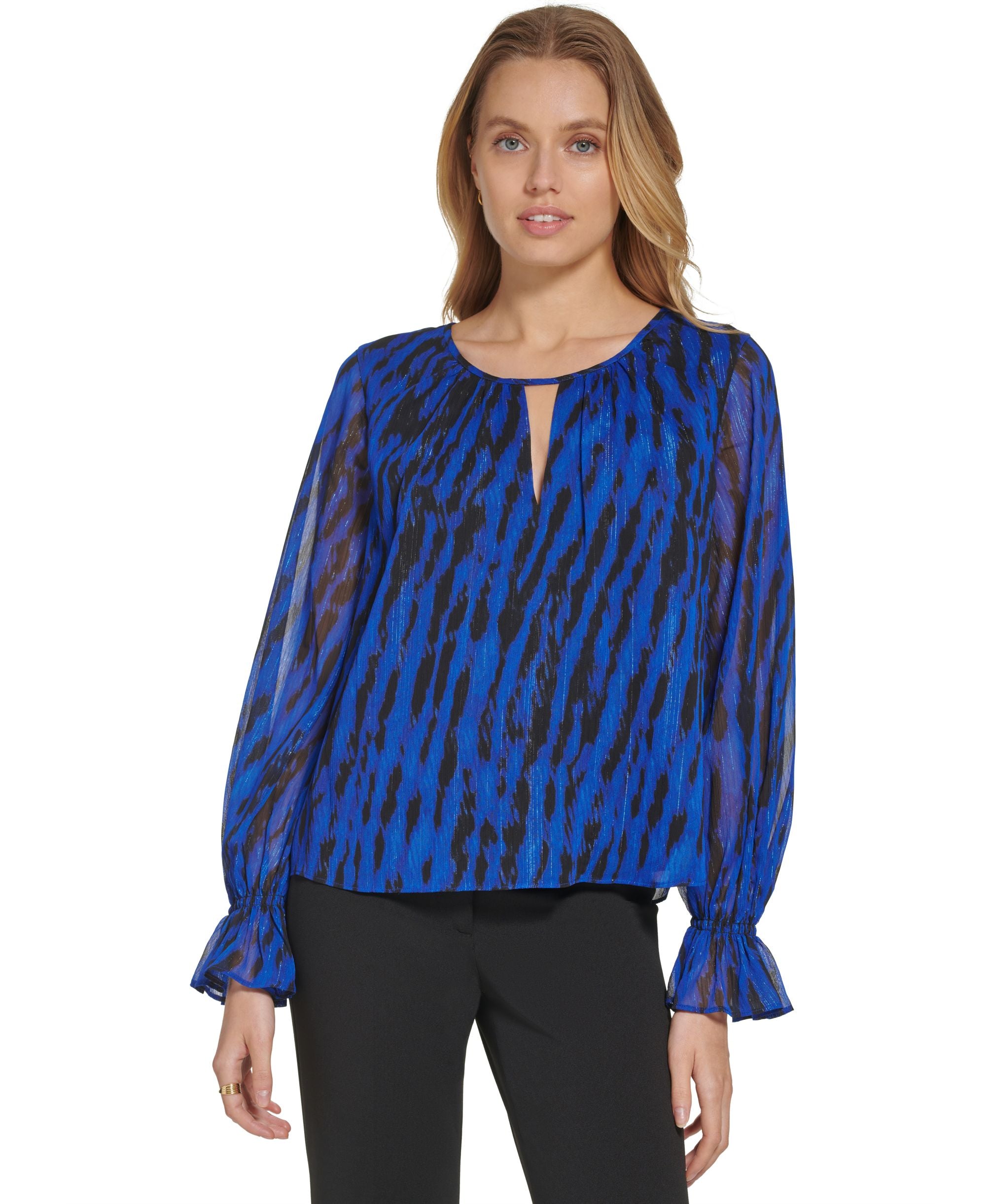 DKNY Keyhole Long Sleeve Ruffle Blouse