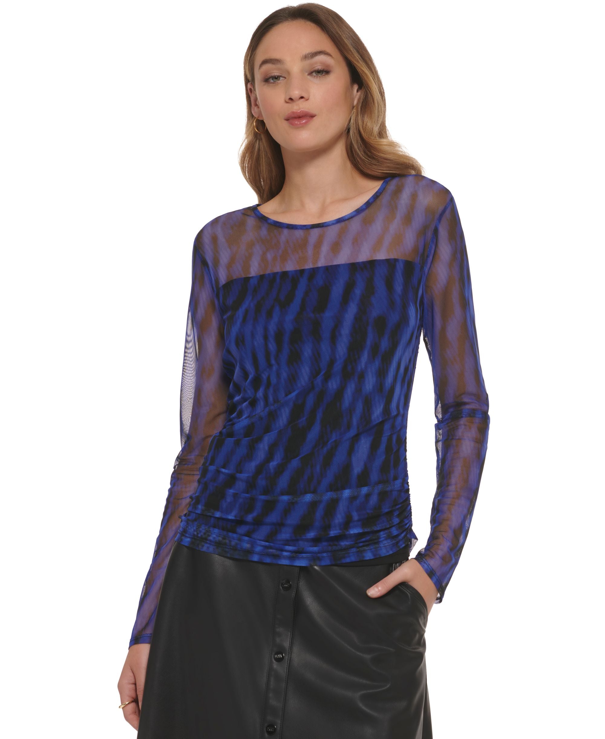 Women's Printed Mesh Knit Long-Sleeve Ruched Top