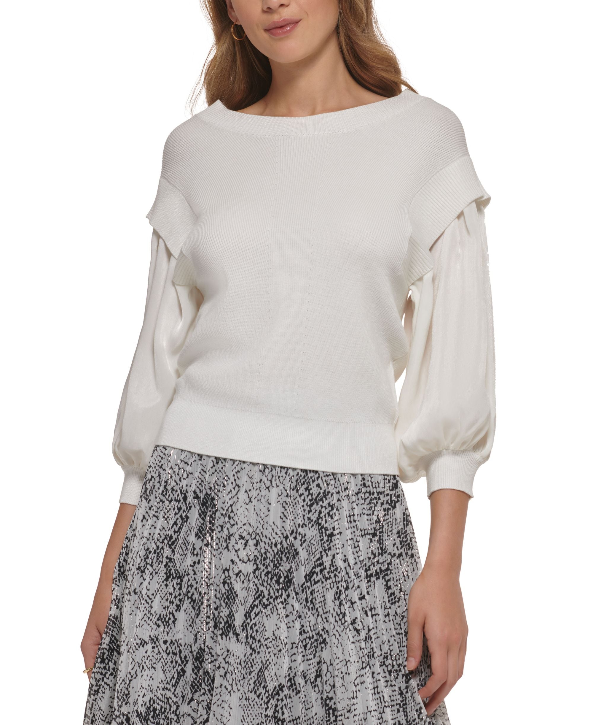 Women's Mixed-Media Blouson 3/4-Sleeve Sweater