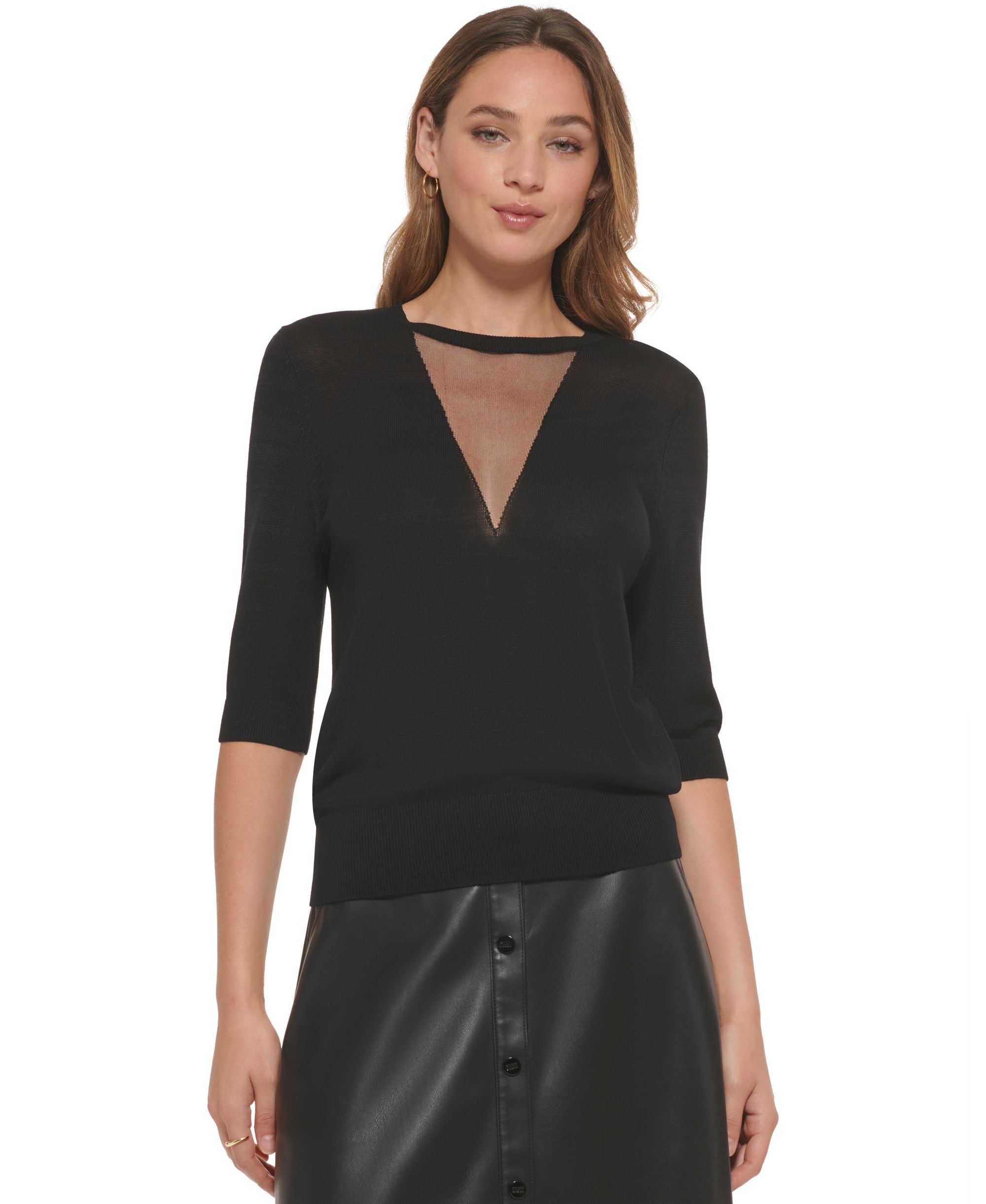 Women's Mesh V-Split Crewneck Elbow-Sleeve Sweater