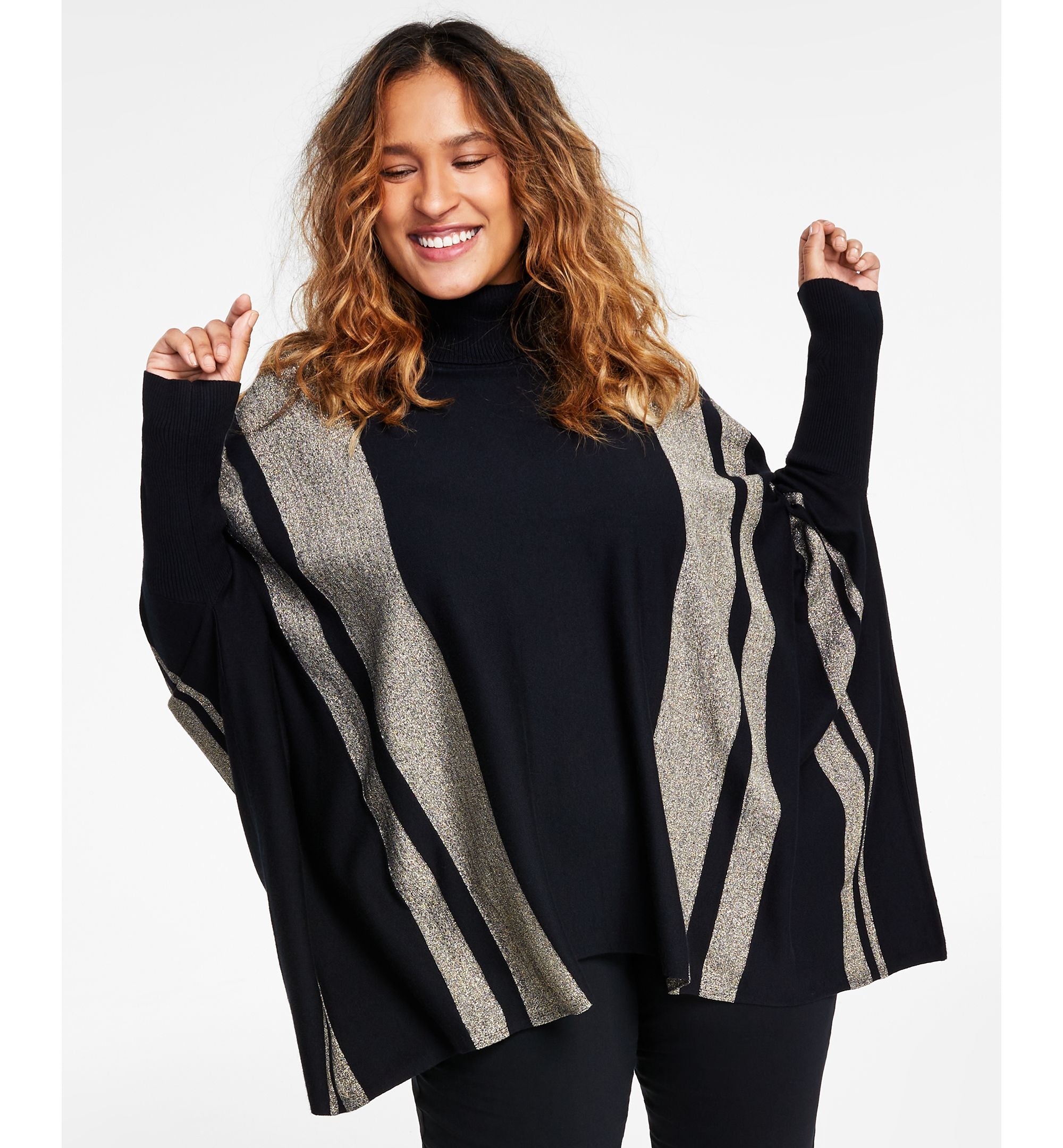 Alfani Plus Size Lurex Striped Poncho Sweater