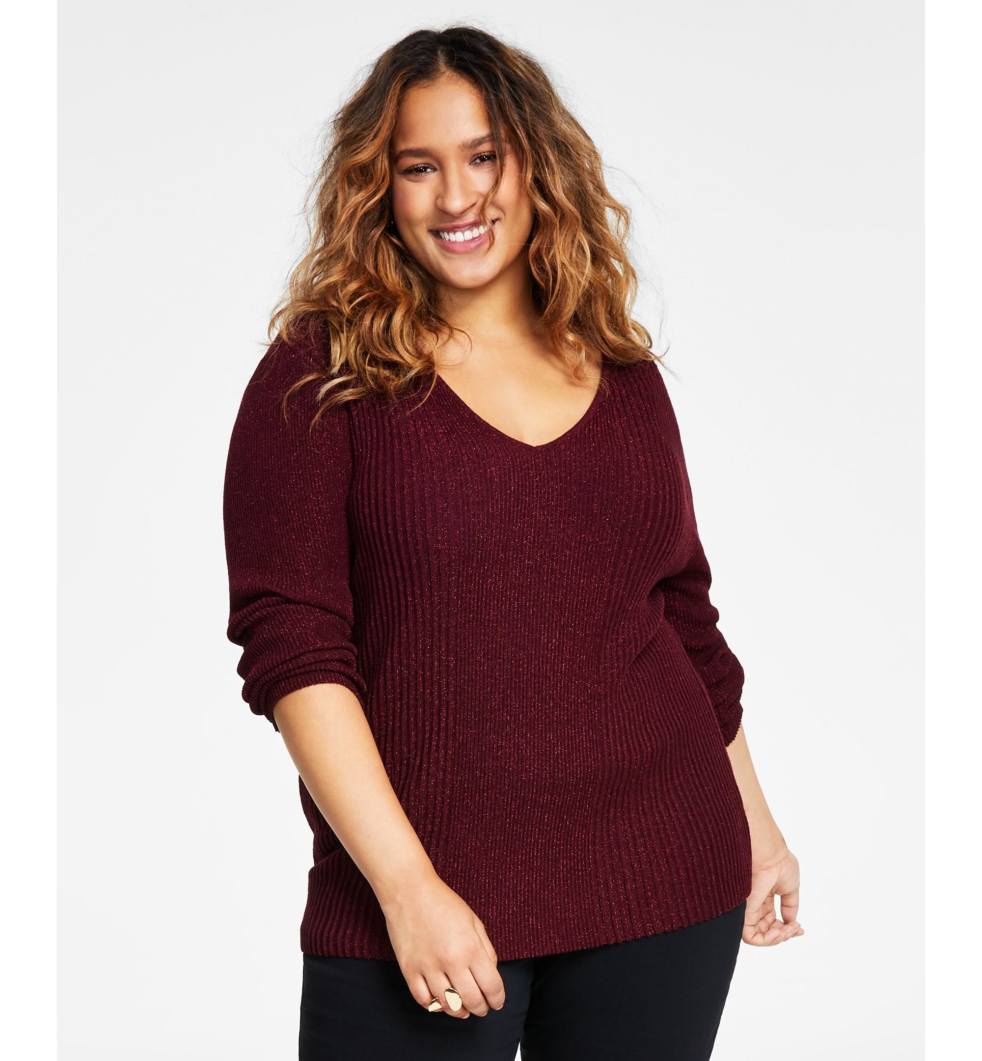 Alfani Plus Size Ribbed Shine V Neck Sweater