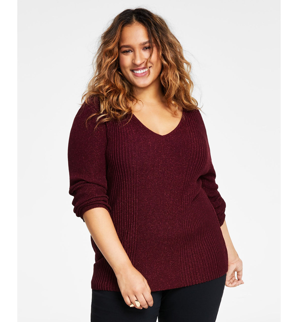 Alfani Plus Size Ribbed Shine V Neck Sweater