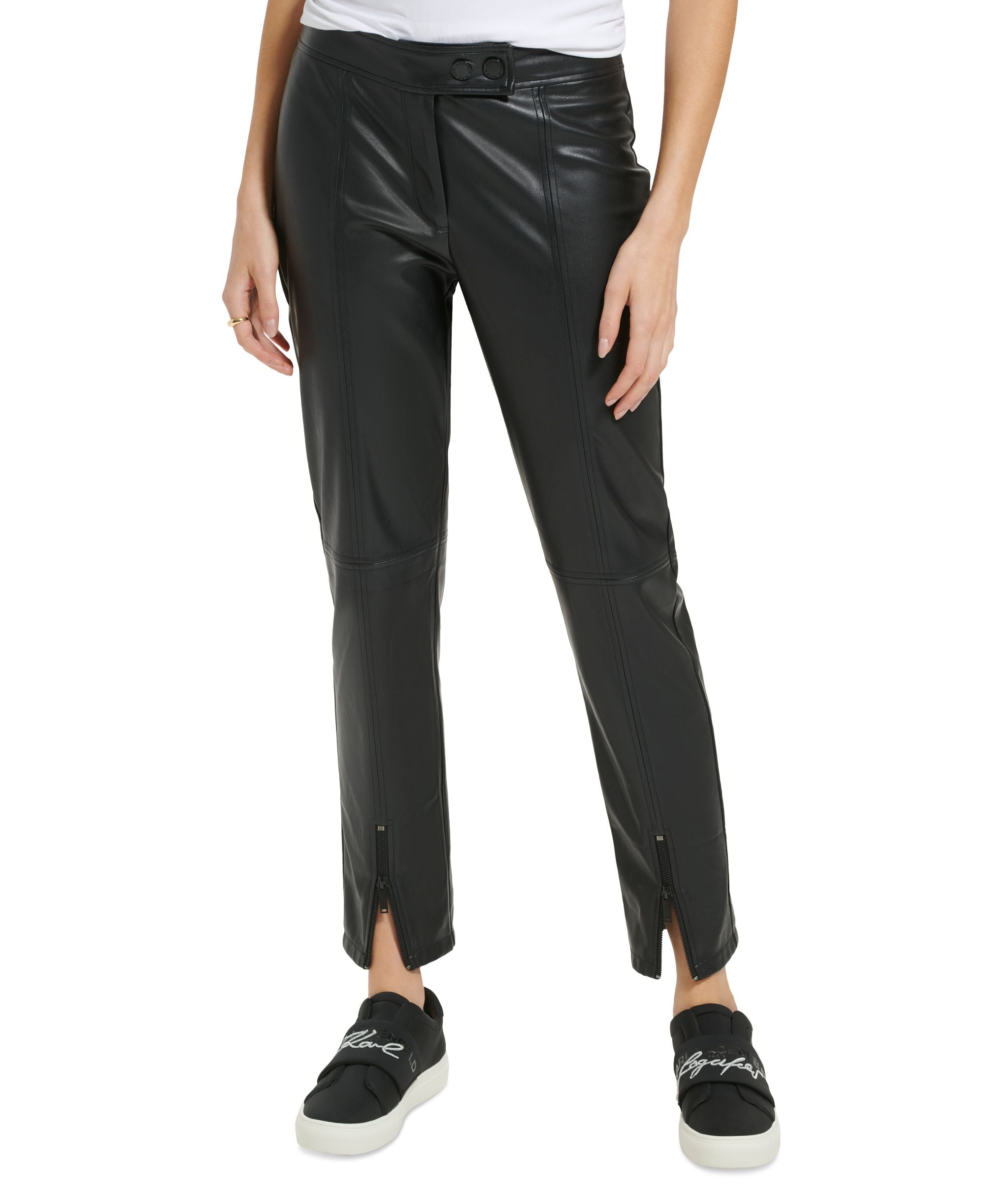 Karl Lagerfeld Paris Womens Cross Tab Zipper Hem Faux Leather Pants