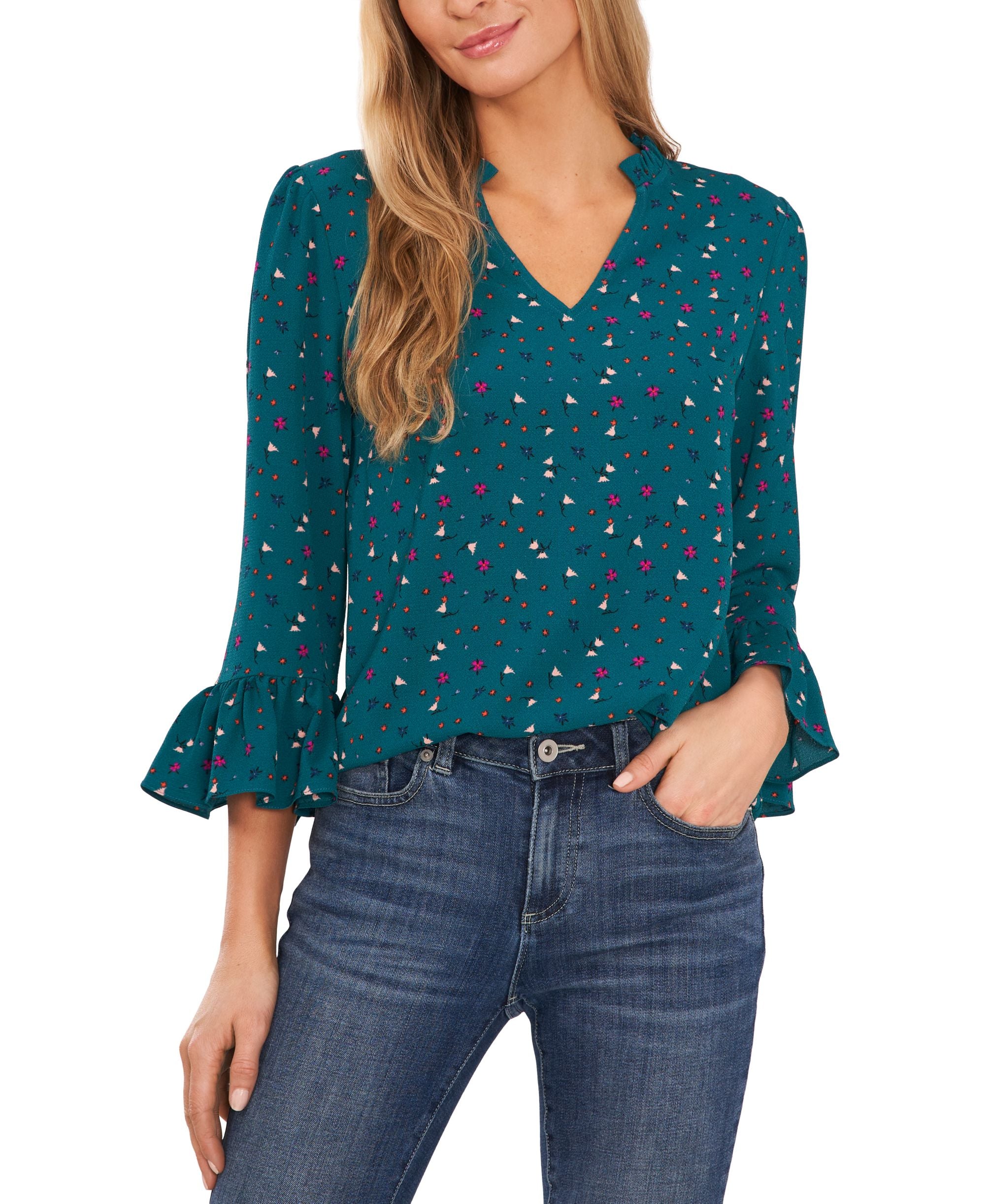 Women's Floral-Print Ruffled 3/4-Sleeve Blouse