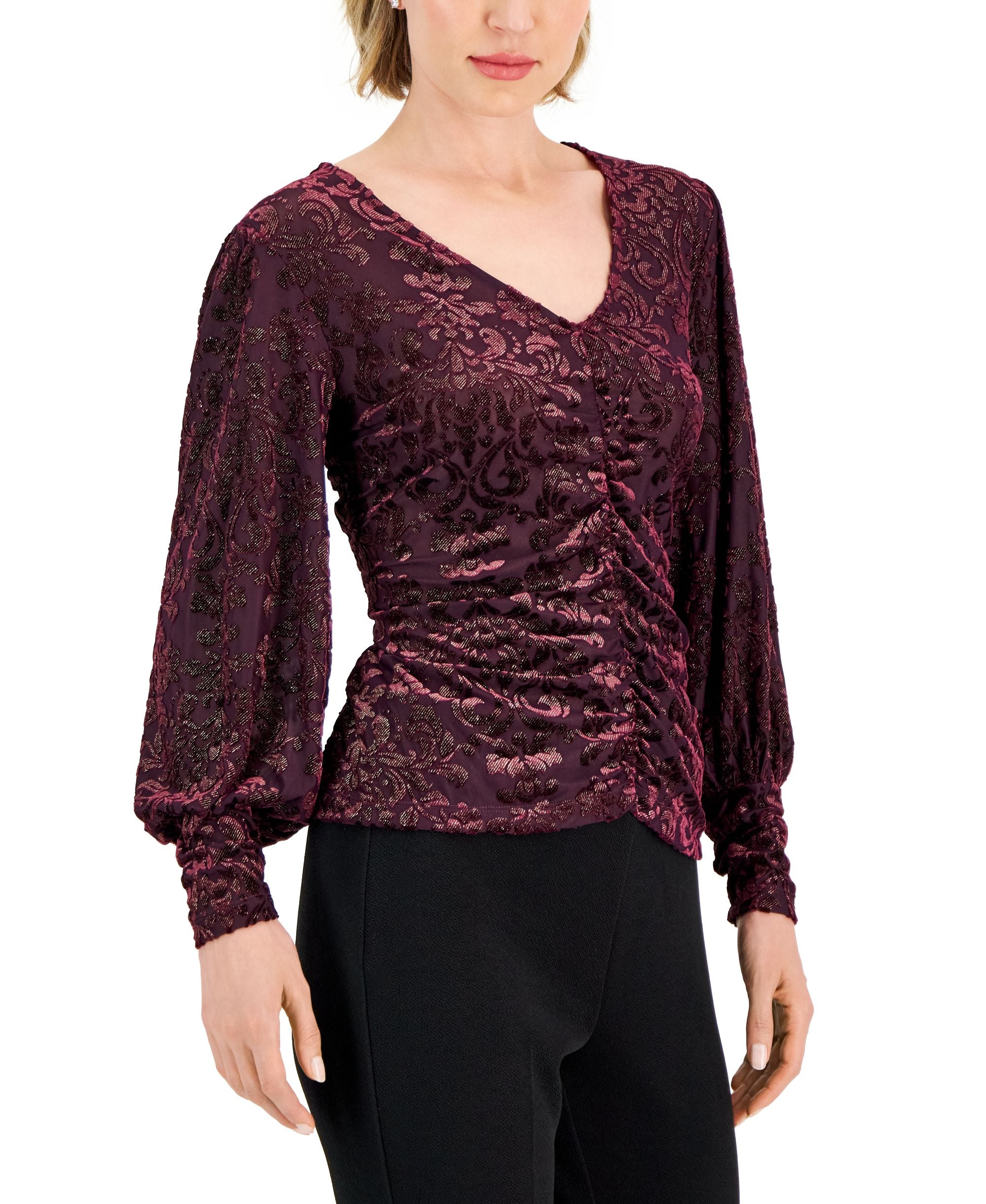 Women's Burnout Velvet Ruched-Front Top