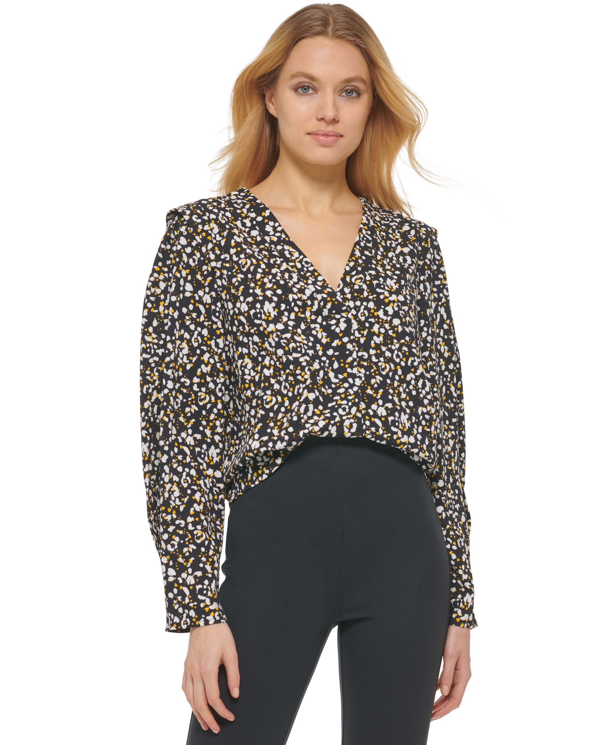 DKNY Womens Printed V Neck Long Sleeve Blouse