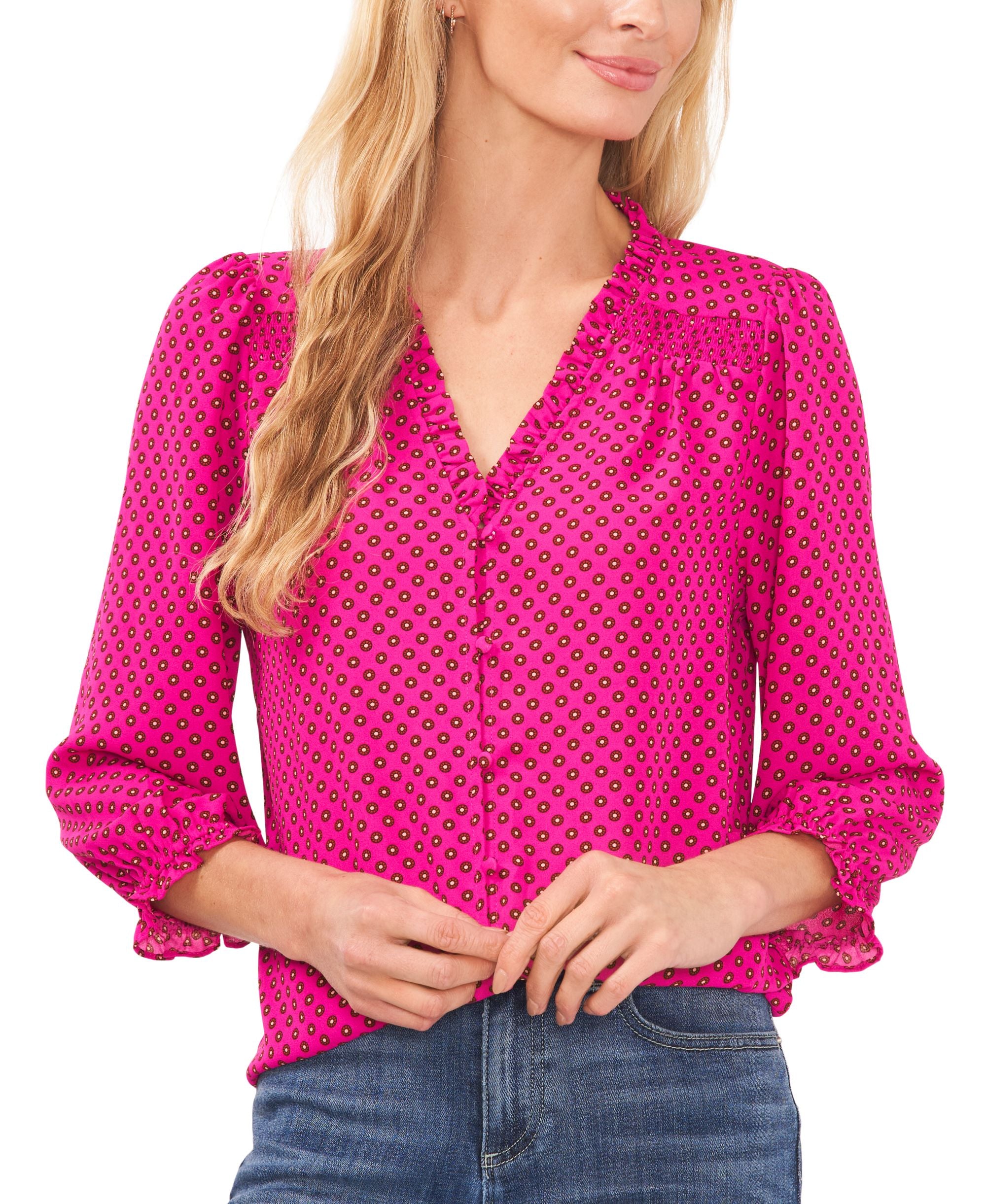 Women's Printed Ruffle-Neck 3/4-Sleeve Blouse