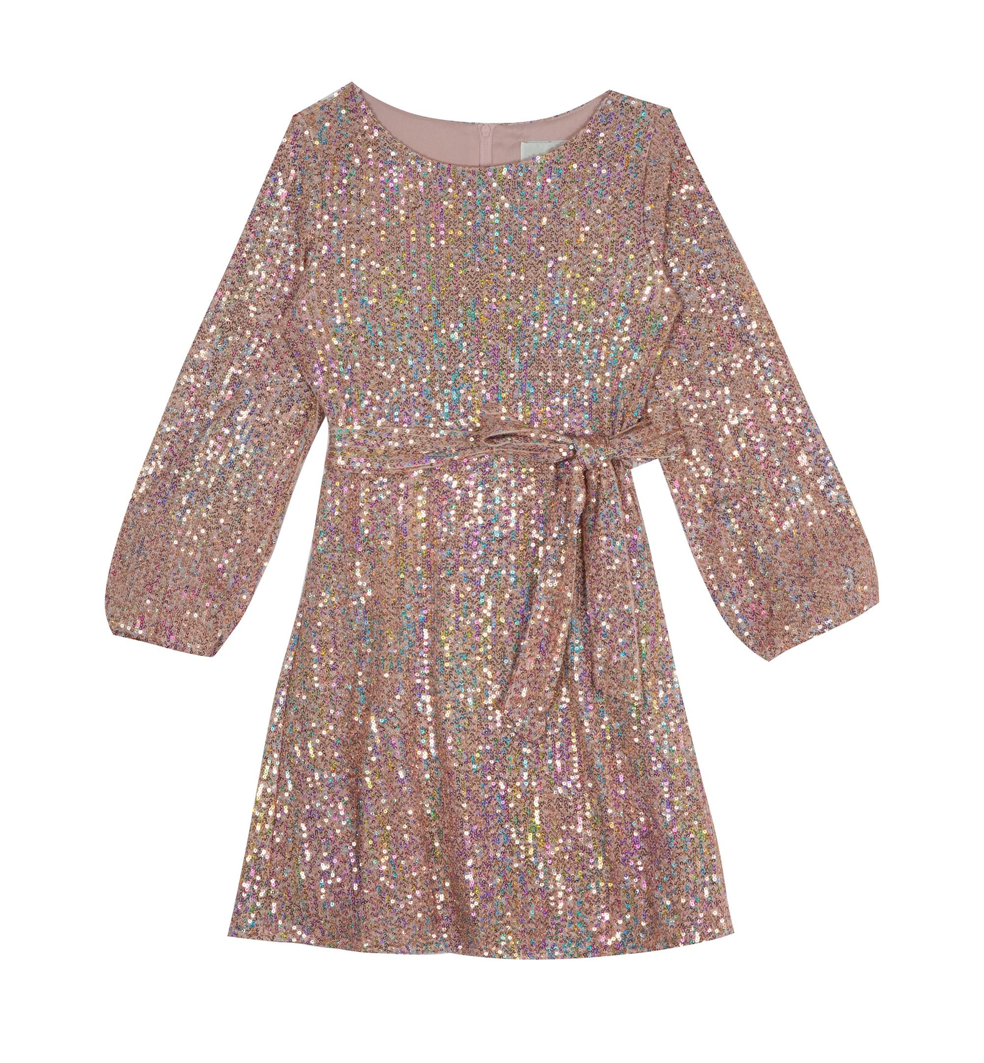 Big Girls Sequin Knit Long Sleeve Dress with Sash